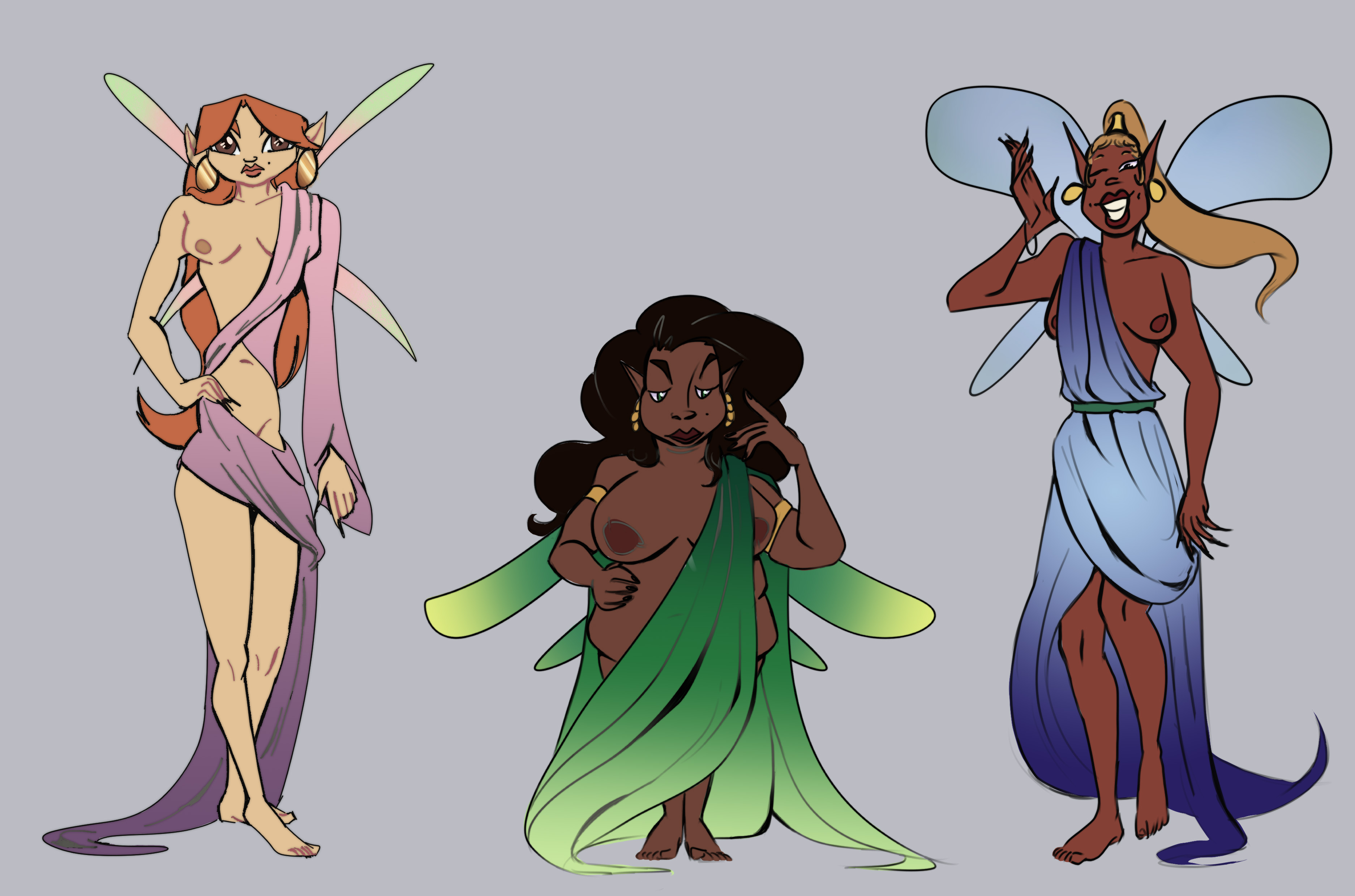 Three sketched fairy-like characters in pink, green and blue with exposed breasts, grey background.
