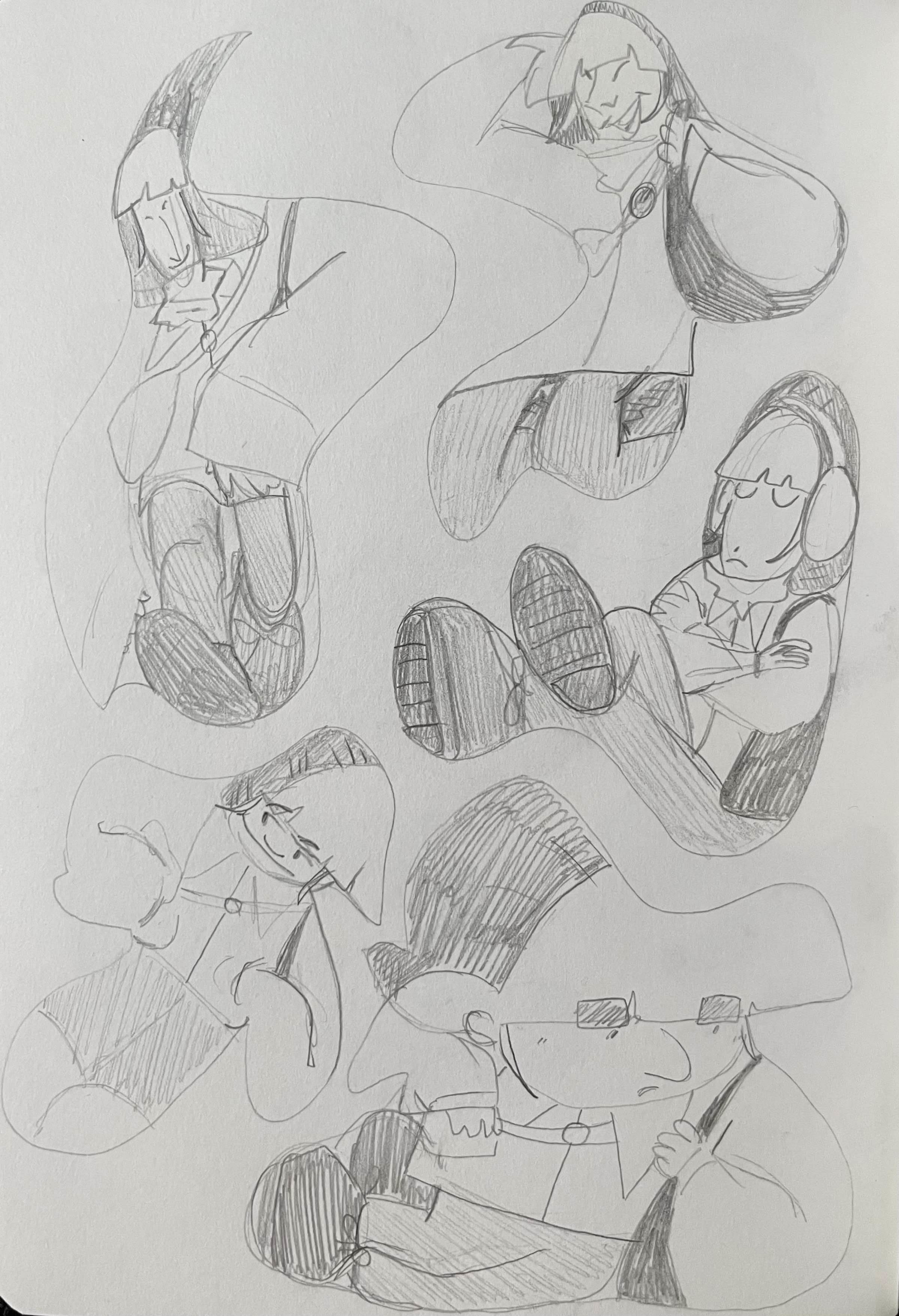 Funky sketches of a character smiling with headphones sat in different positions, on paper.