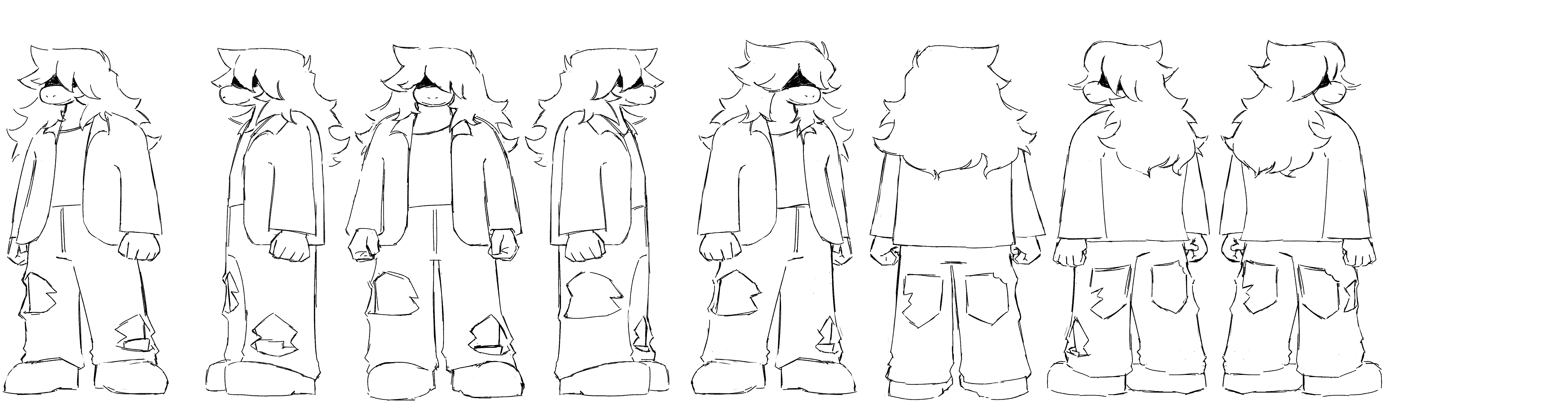 Sketches of a character with long hair, stocky build and loose clothing, ten separate drawings of them at different angles, white background.