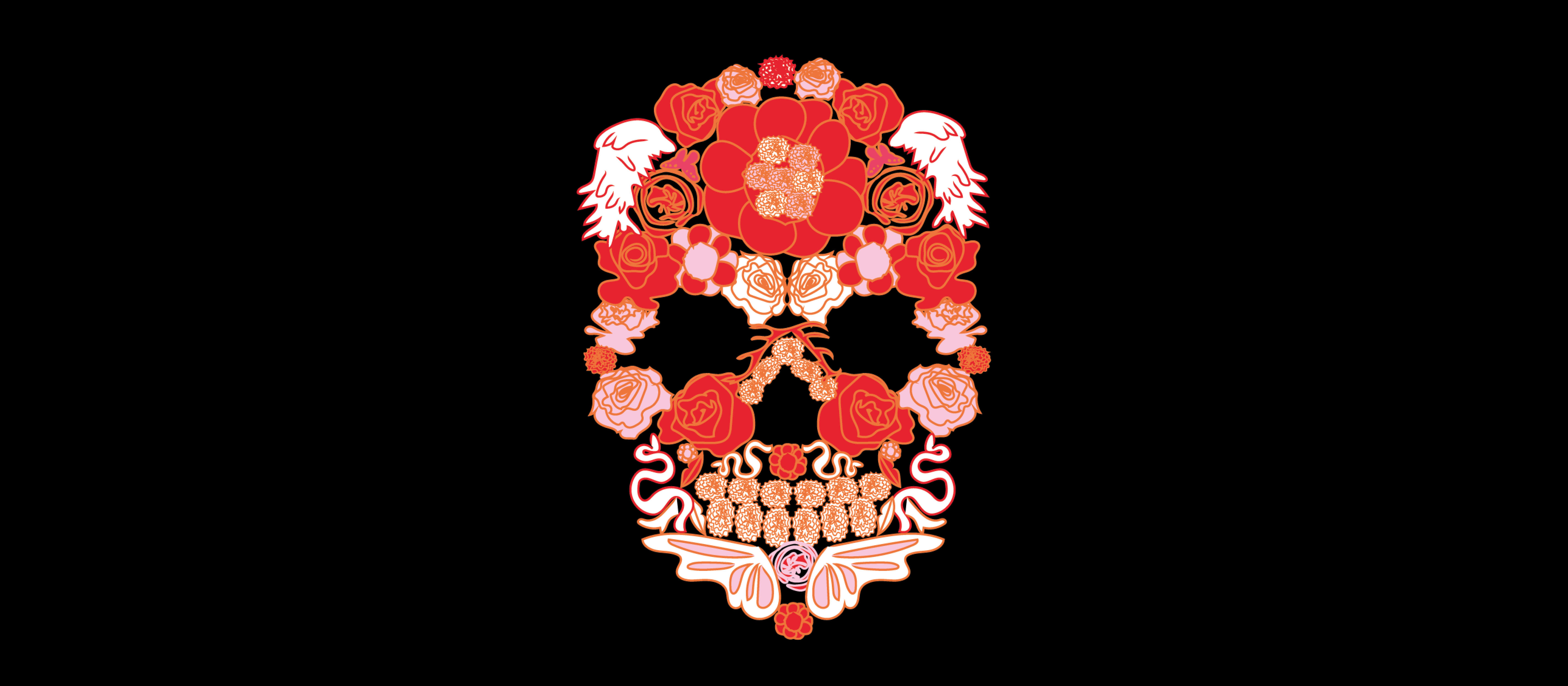 Illustrated gothic skull in reds, pinks and white flowers and shapes representing a nod to the late Alexander McQueen's designs that were heavily influenced by and included skulls