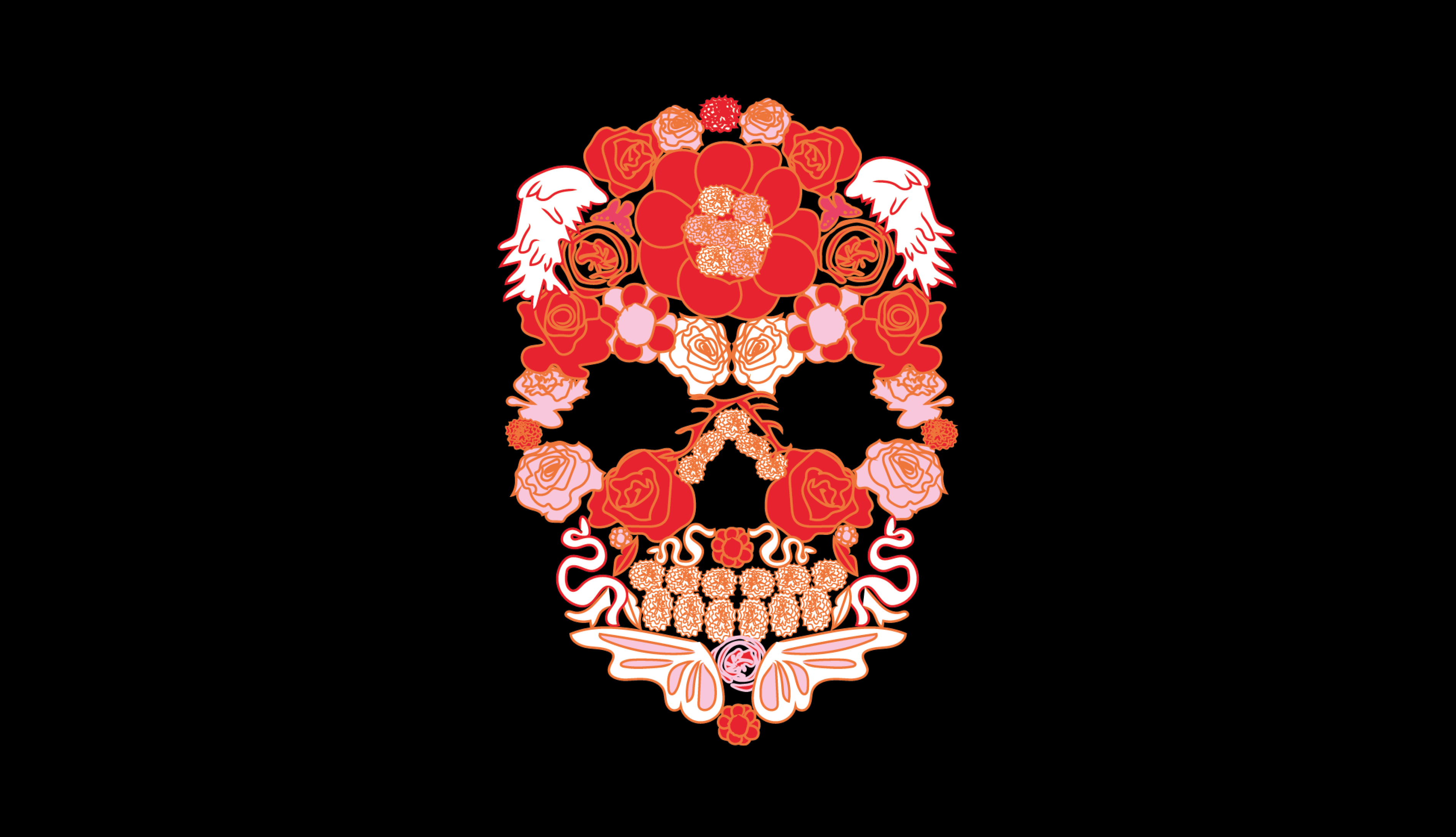 Illustrated gothic skull in reds, pinks and white flowers and shapes representing a nod to the late Alexander McQueen's designs that were heavily influenced by and included skulls