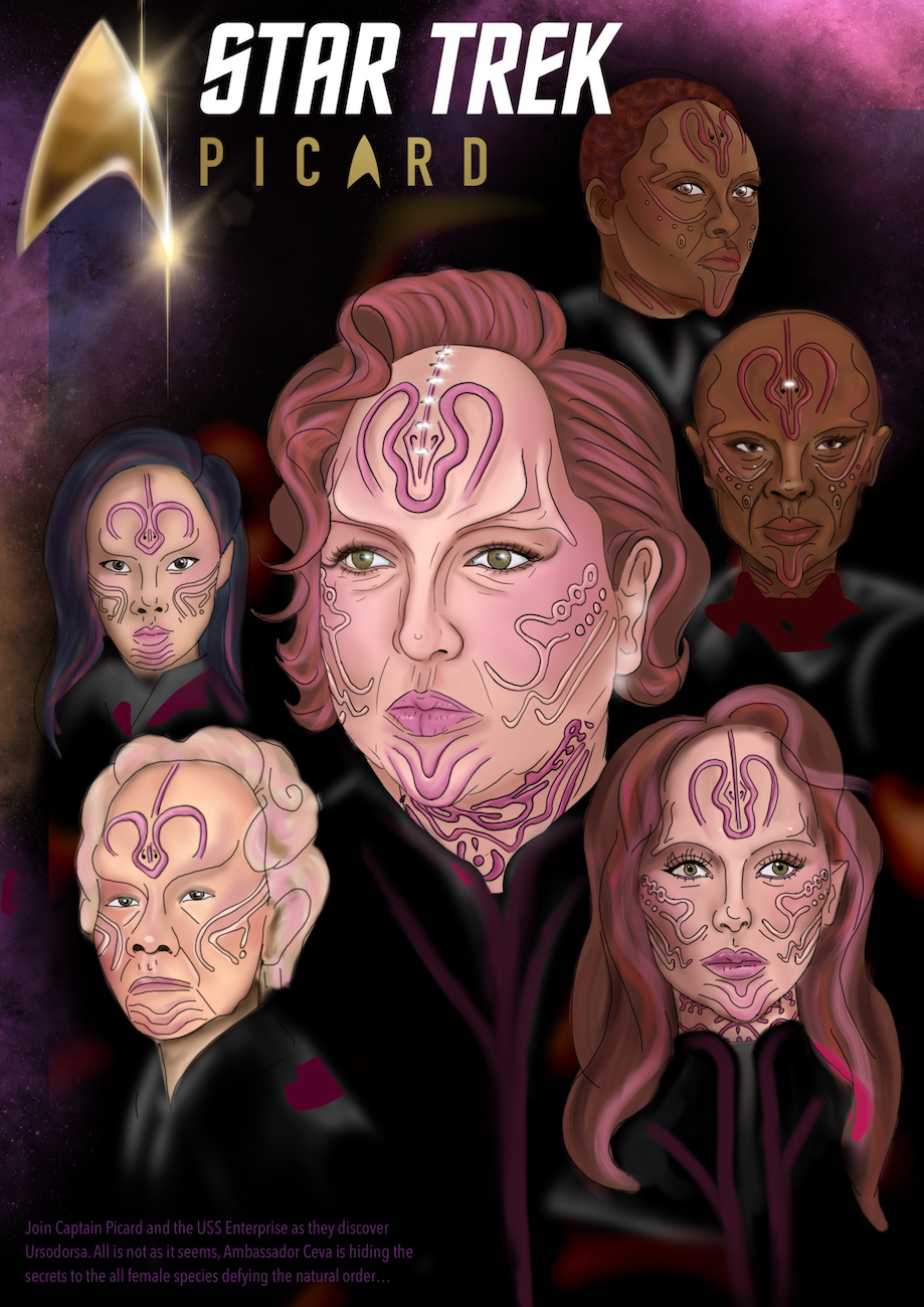 Poster with several illustrated headshots with pink tattoos on the faces and necks.