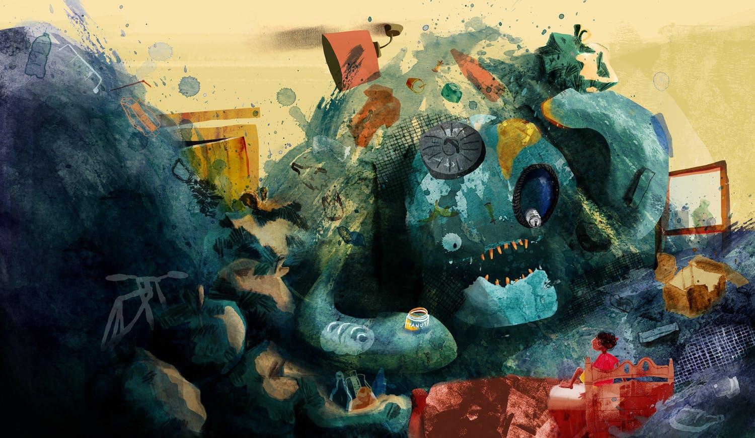 A monster-like creature made of human trash stares at a small human character