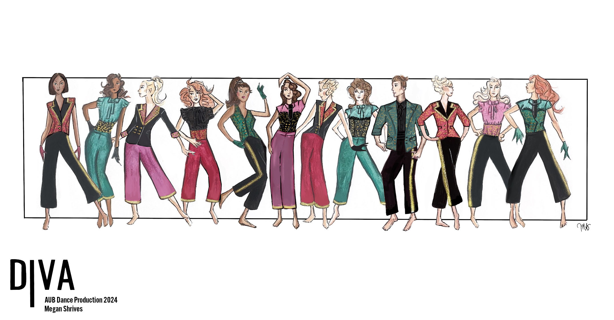 Fashion illustration showing row of stylised female figures in colourful outfits including pink, green, black, and teal garments.