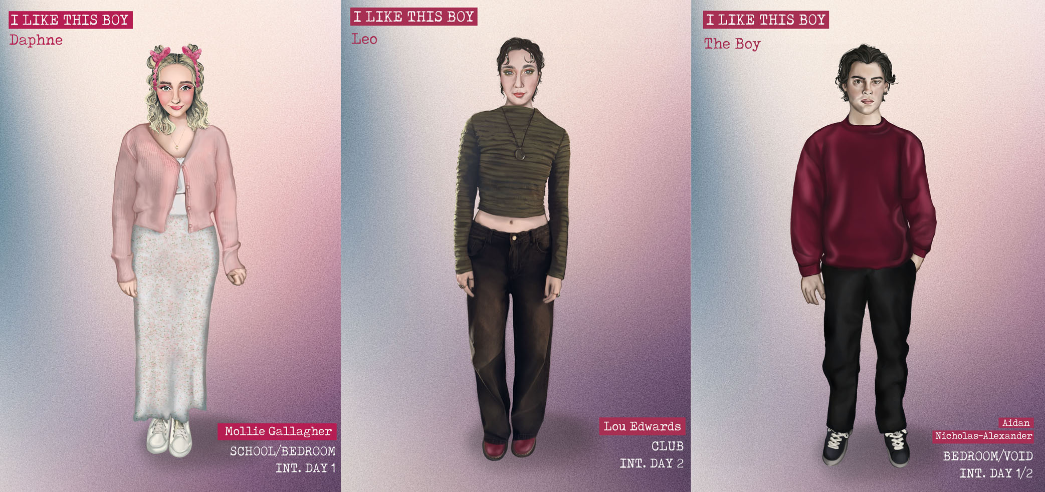 Three character illustrations on pink-purple gradient backgrounds. Left: blonde figure in pink cardigan and white skirt. Centre: brunette in olive crop top and dark trousers. Right: dark-haired figure in burgundy jumper and black jeans.