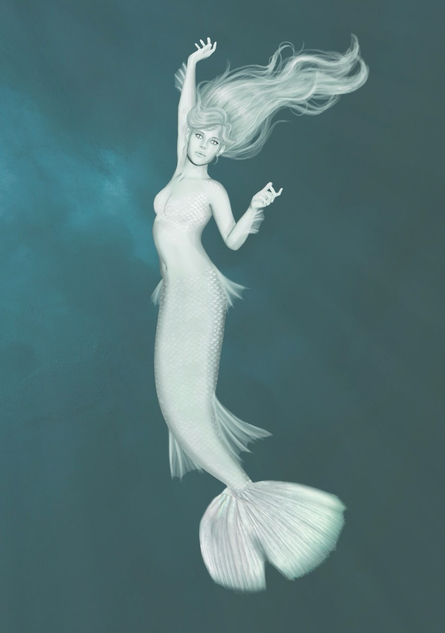 Illustration of a white, ghostly mermaid on a dark teal ocean background.