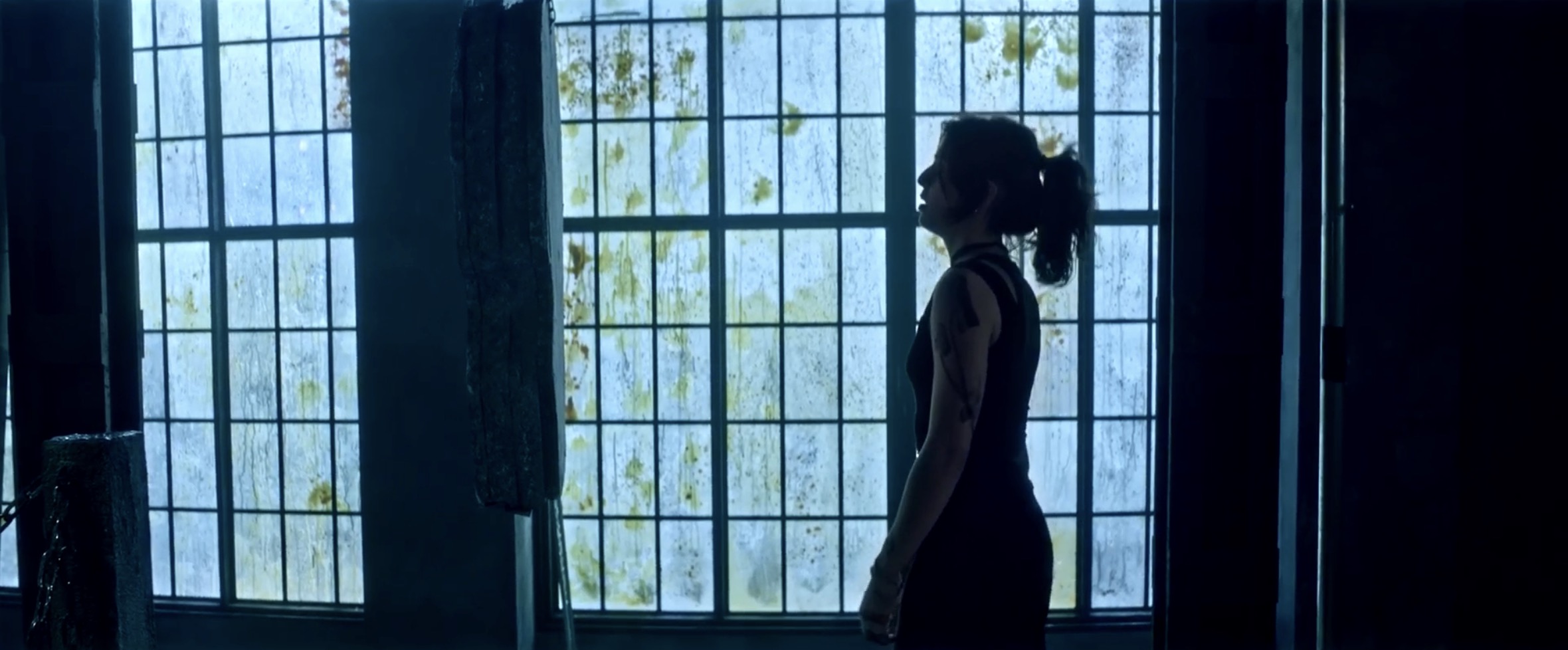 A profile view of a woman standing in front of large, tall windows with a blue and green tint. The windows are covered with grime, and the woman is wearing a black sleeveless top and has her hair in a ponytail.
