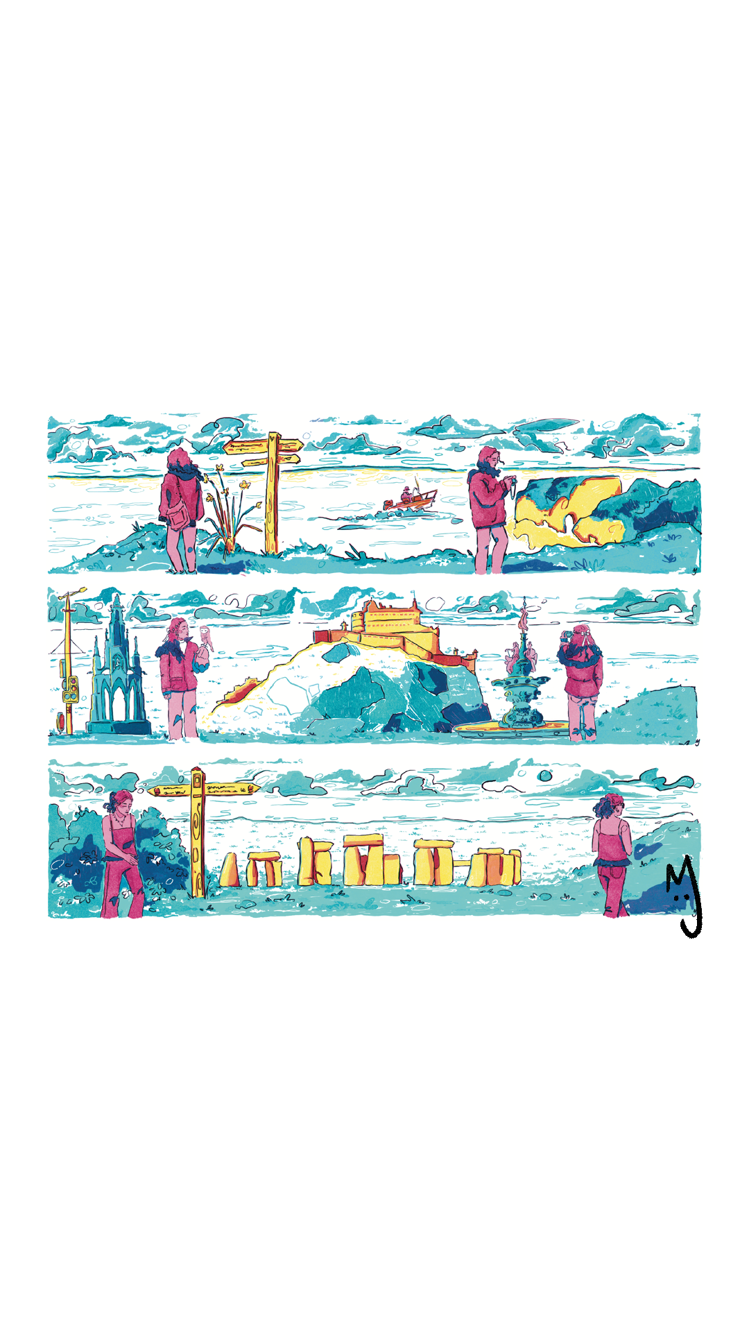 A stylised illustration of people in winter clothing standing beside brightly coloured monuments and signposts in a snowy landscape, arranged in horizontal strips.