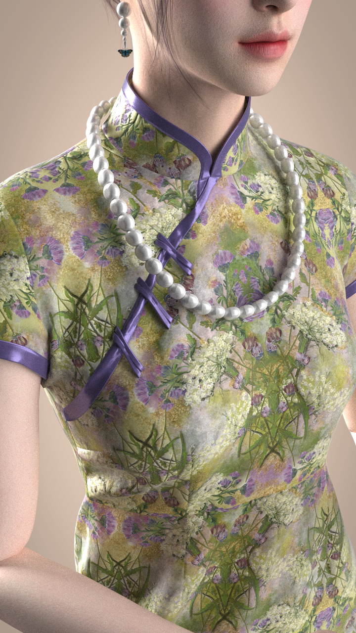 Close-up of a digital model wearing a green and purple patterned garment and a white pearl necklace.