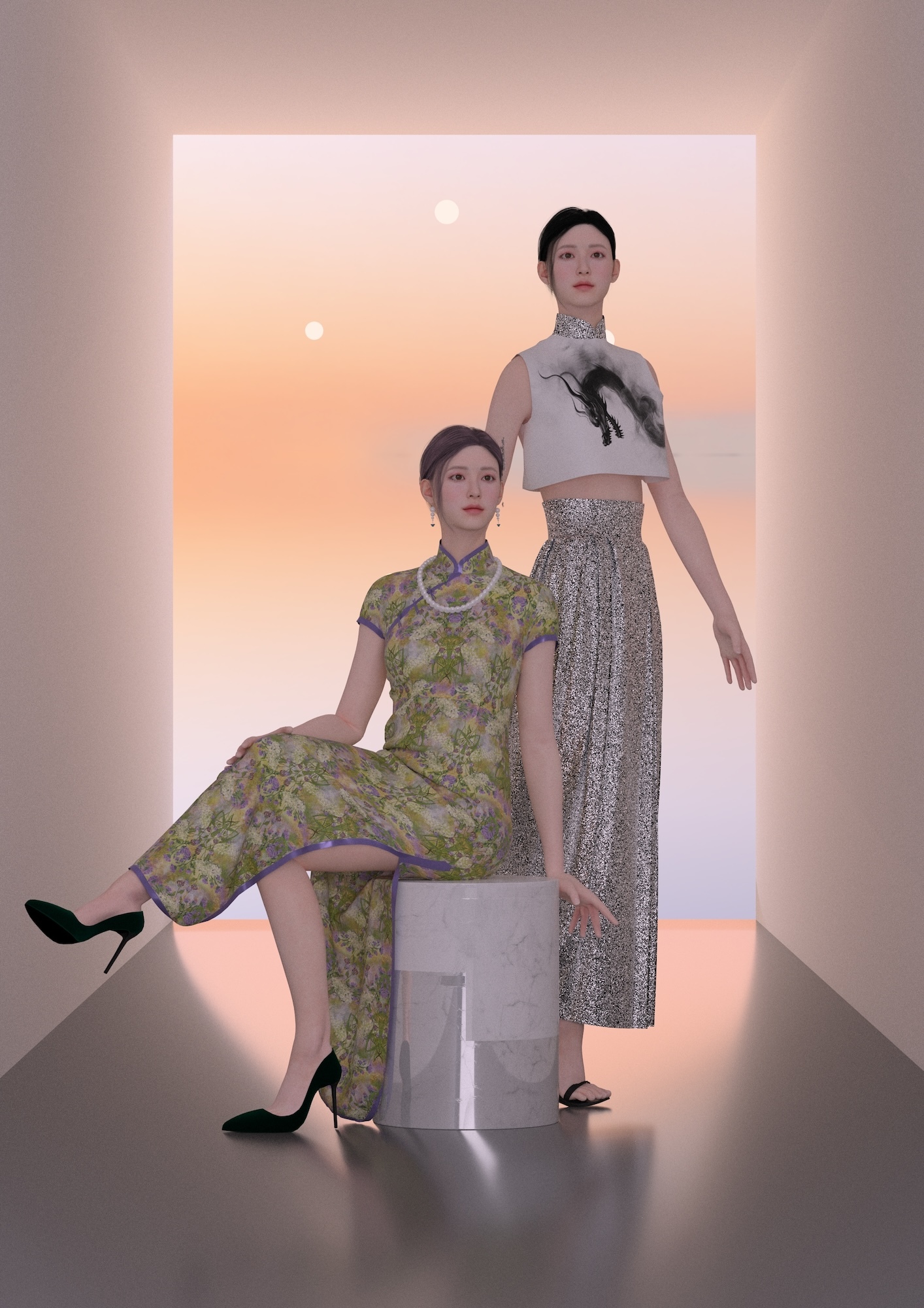 Two digital models, one standing, the other sitting on a white pedestal with one leg resting on the other. The seated model is wearing a green floral dress with black high heels. The standing model is wearing a white crop top and a long silver skirt.