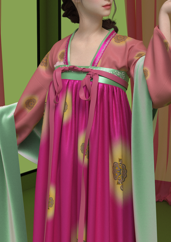 A digital model viewed from the chin down wearing a pink dress with green ribbon accents and yellow floral-style pattern.