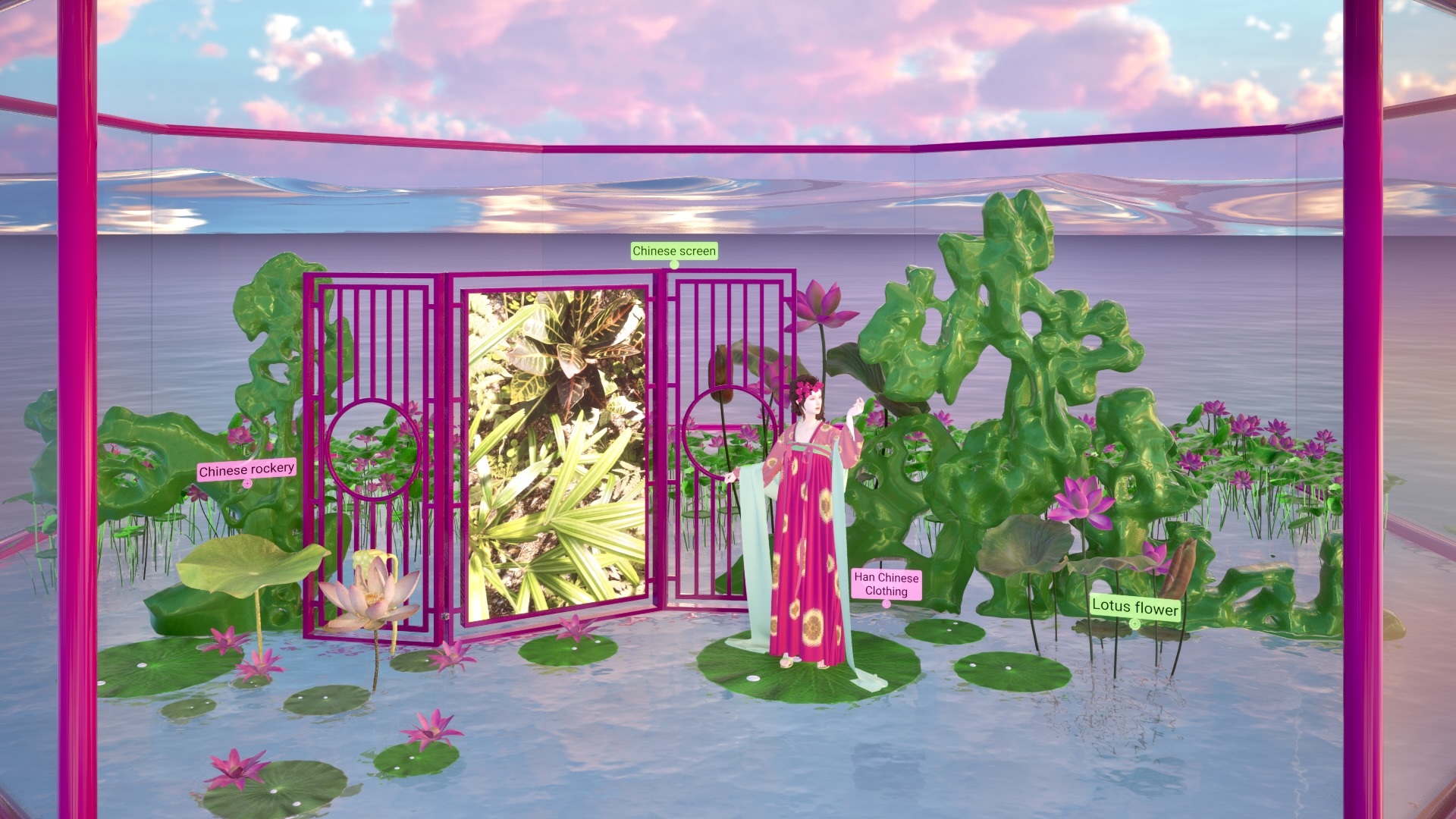 Digital software interface showing a digital model in Chinese-style costume, standing in a digital lotus garden, next to a Chinese screen.