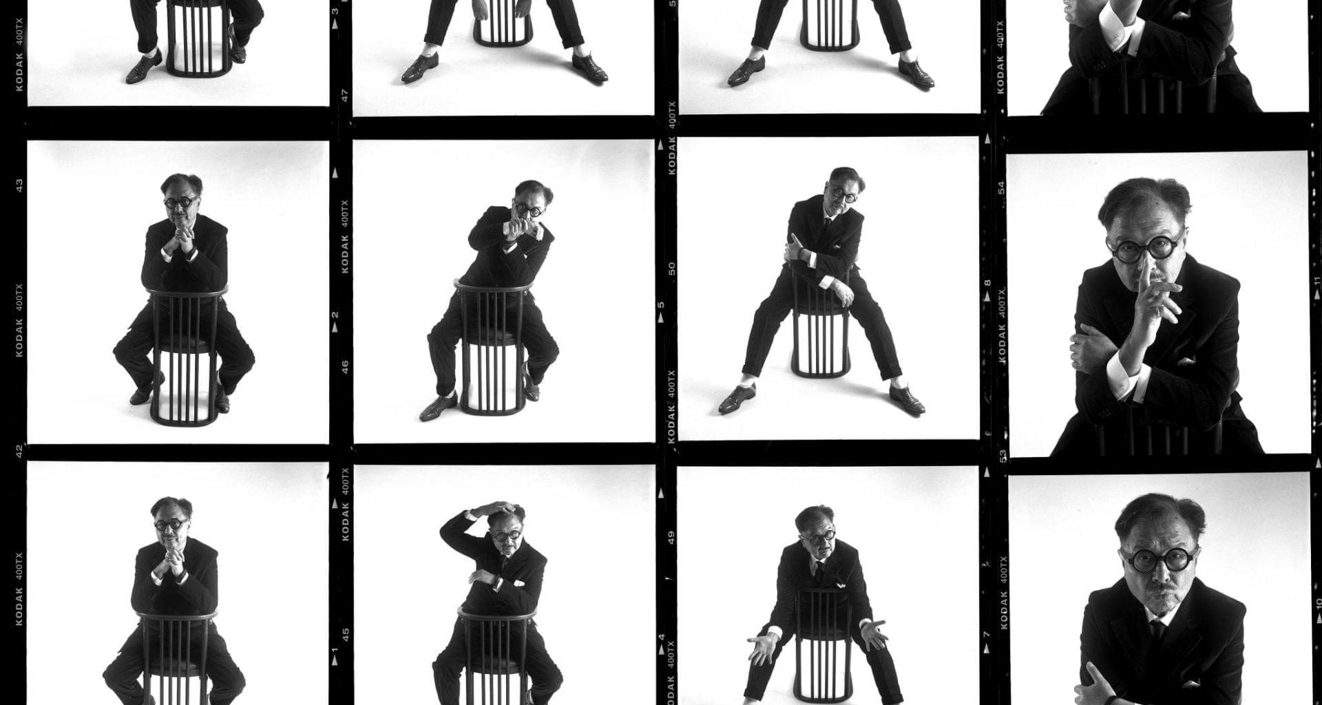A series of twelve black and white photographs showing a man in various poses on a chair.