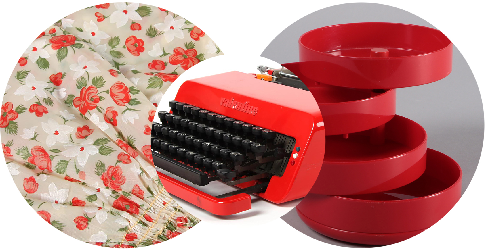 Three circular images: left shows cream fabric with red floral pattern, right displays a red toy made of rotating discs. The centre image shows part of a red plastic typewriter with black keys.