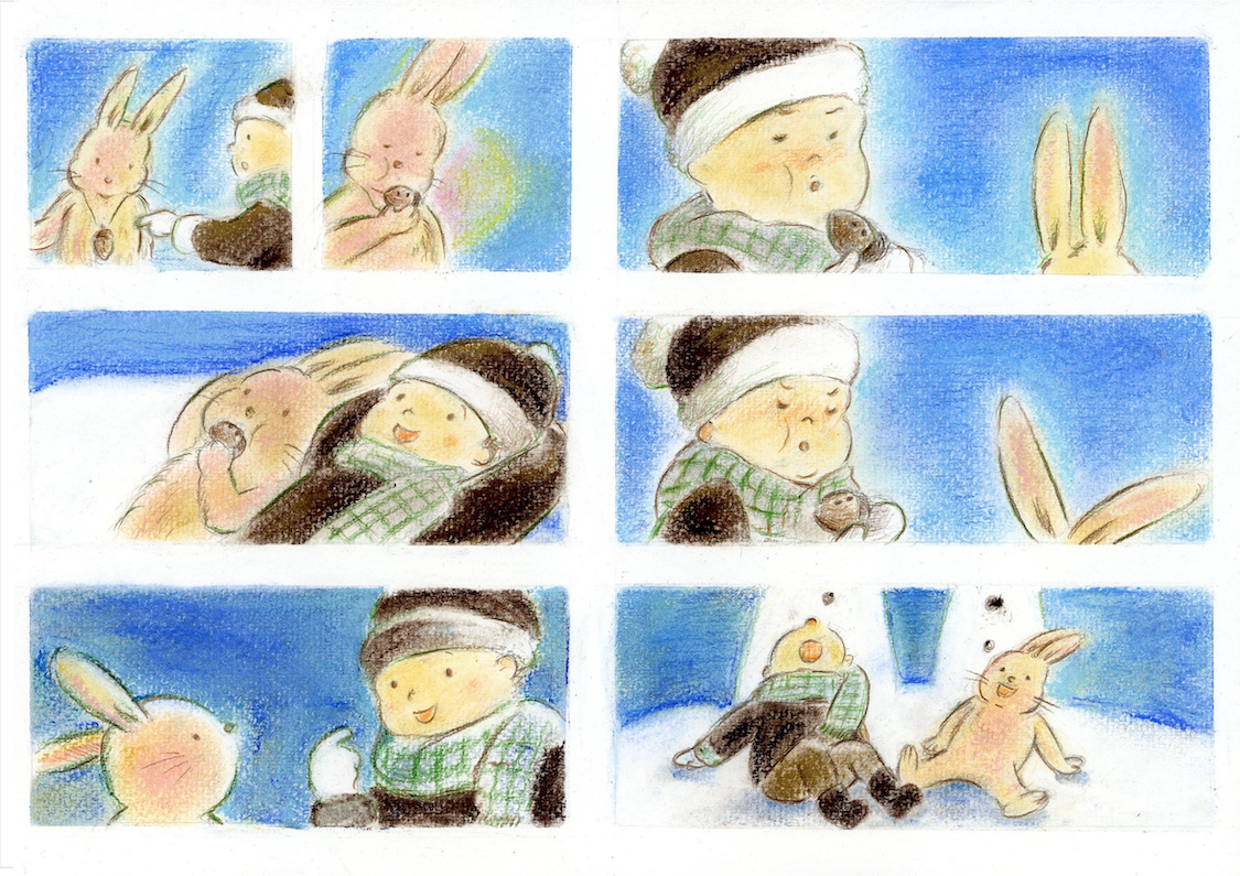 An illustration of a series of scenes showing a child and a rabbit interacting in a snowy environment. The child, wearing a hat and scarf, holds a snowball, makes snow angels, and plays with the rabbit in various poses against a bright blue background.