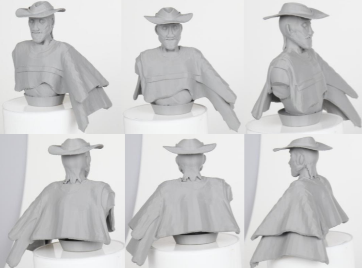 Six black and white portraits of a person in cowboy hat and poncho, arranged in two rows showing different angles and poses.