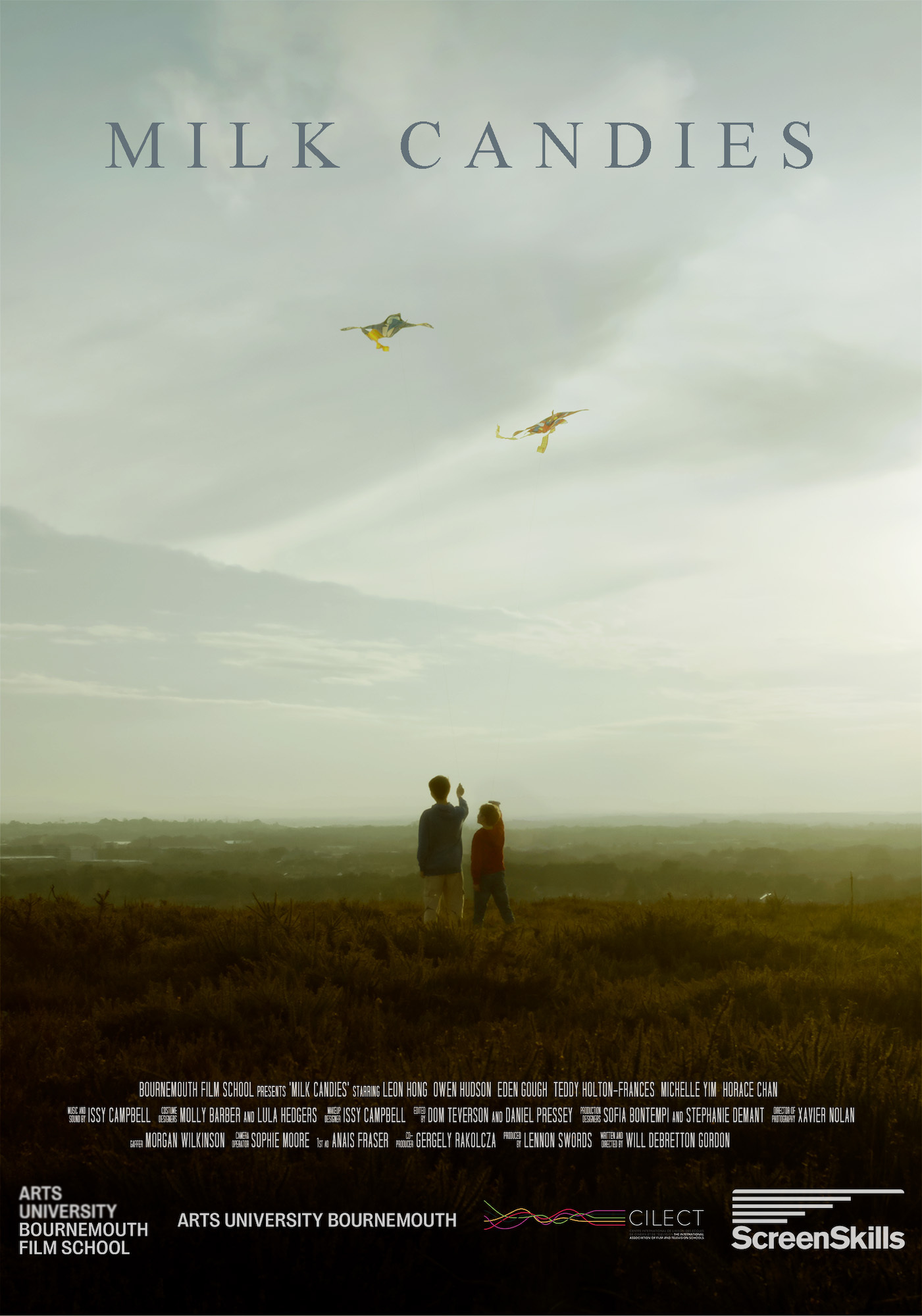 Film poster with pale green cloudy sky, two small aircraft, and silhouetted figures on green field below. "Milk Candies" in grey text at top.