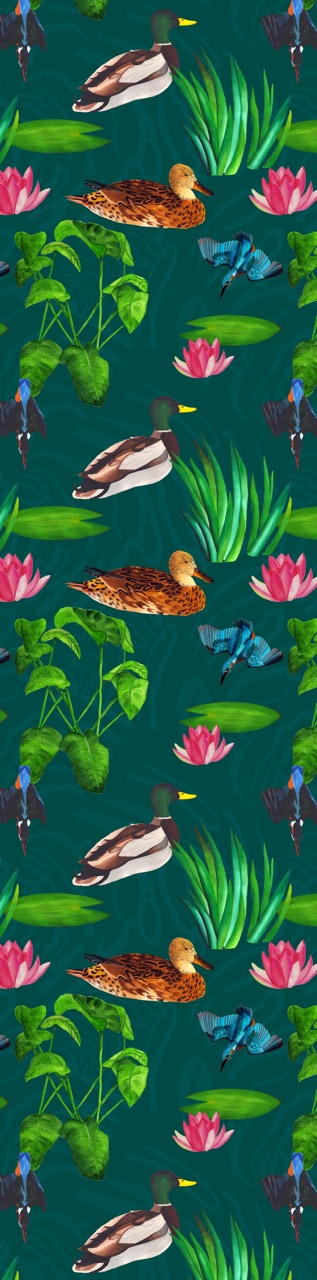 A vertical pattern featuring various ducks resting on water, surrounded by green aquatic plants, lotus flowers in pink hues, and fish. The background is a dark teal colour, enhancing the vibrancy of the flora and fauna.