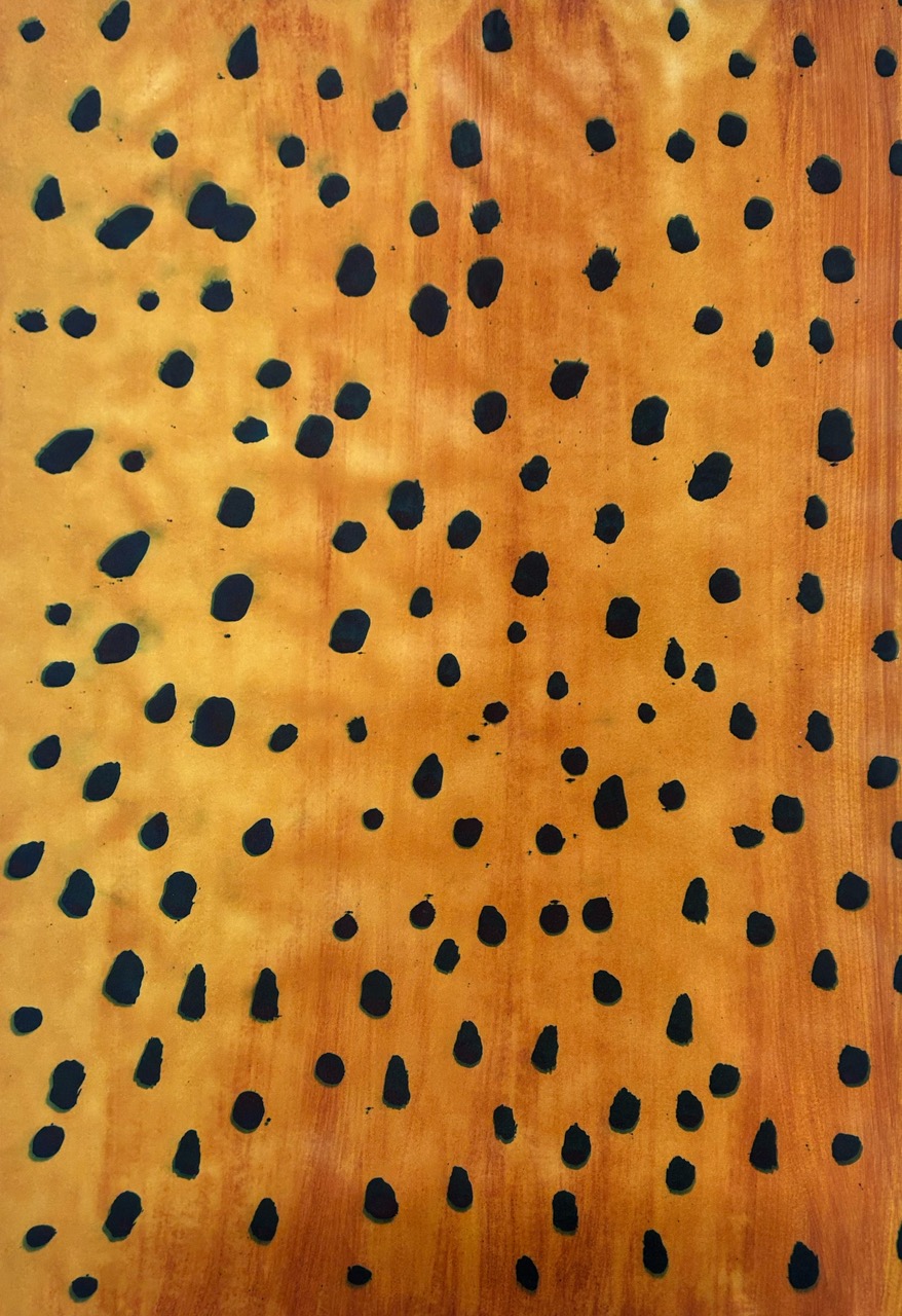 A close-up view of an orange and yellow textured surface featuring numerous irregular black spots of varying sizes scattered throughout. The spots are prominent against the warm background, creating a striking visual pattern.