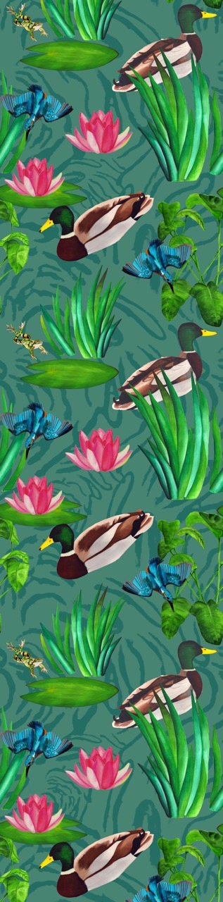 A vertical pattern featuring several mallard ducks surrounded by green plants, including water lilies and other aquatic foliage, set against a teal background. The composition showcases a blend of vibrant colours and natural elements.