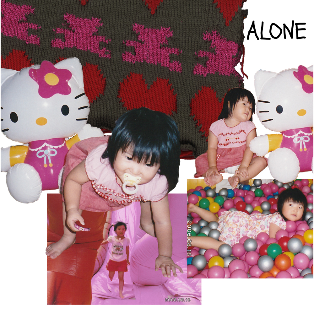 Collage with three images of children playing with Hello Kitty toys, colourful ball pit, and decorative background. "ALONE" text in black.
