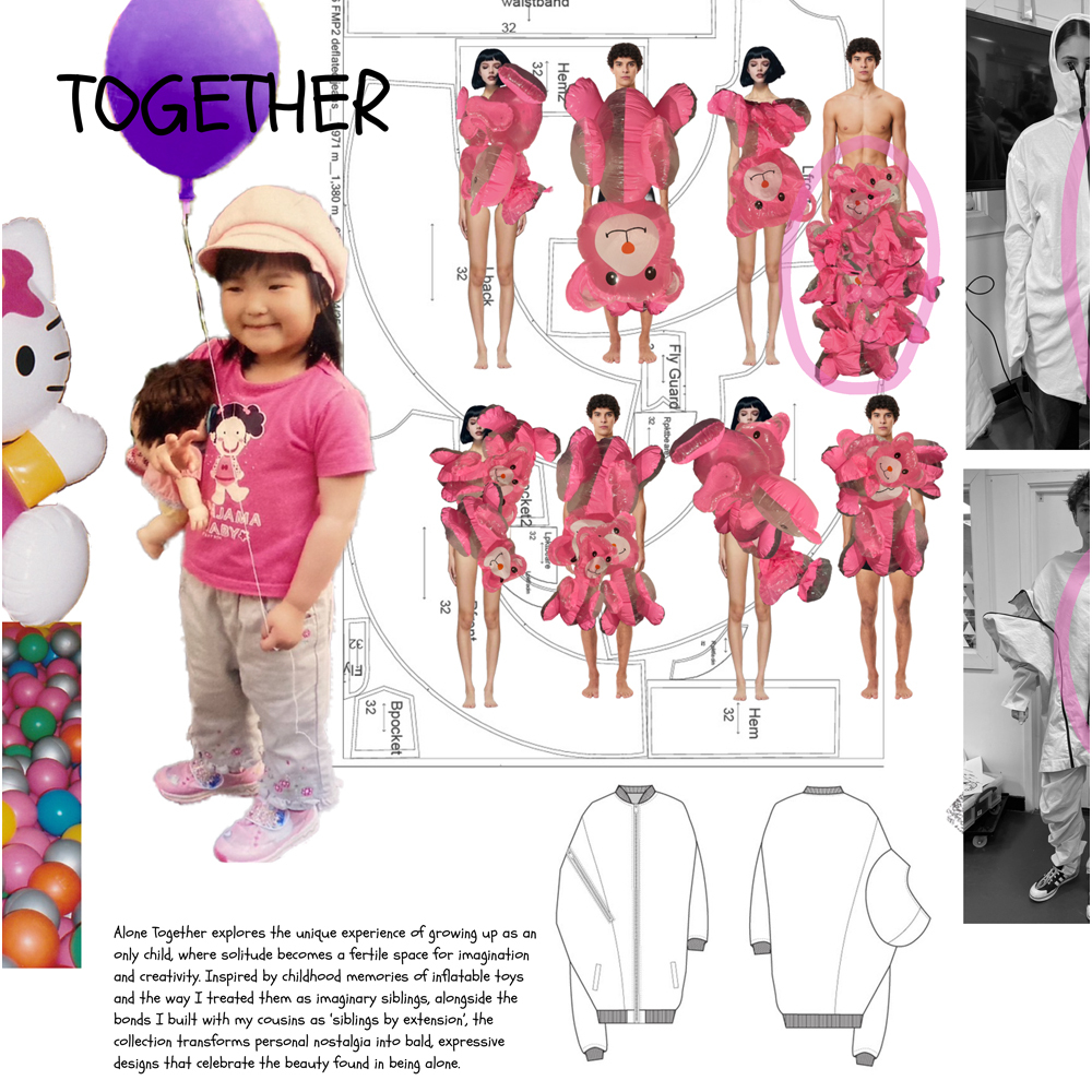 Design board showing child in pink top with doll, fashion sketches of pink ruffled garments, purple balloon with "TOGETHER" text.