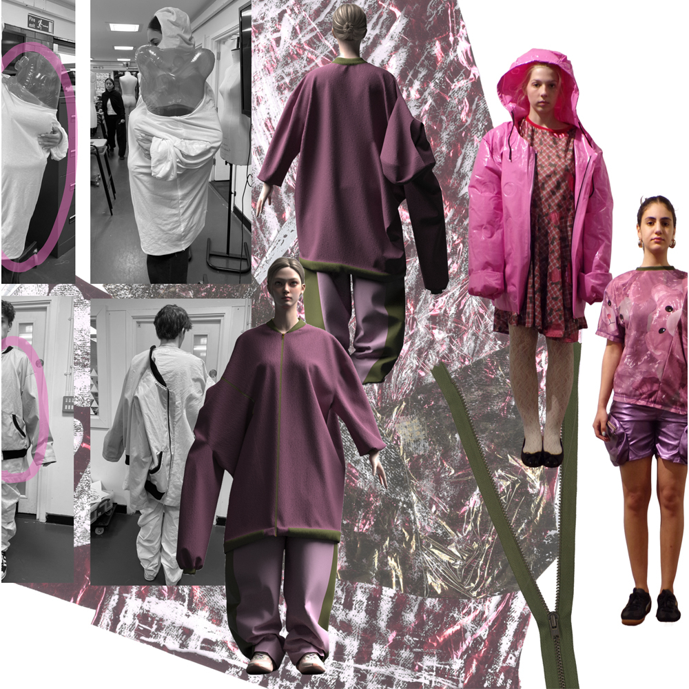 Fashion collage with purple garments, black and white photographs, and metallic foil background elements arranged in layered composition.
