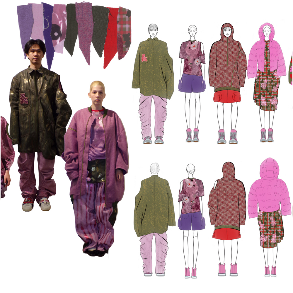 Fashion design sketches showing oversized garments in purple, green, pink, and red tones with fabric swatches above and two models wearing purple/brown outfits on left.