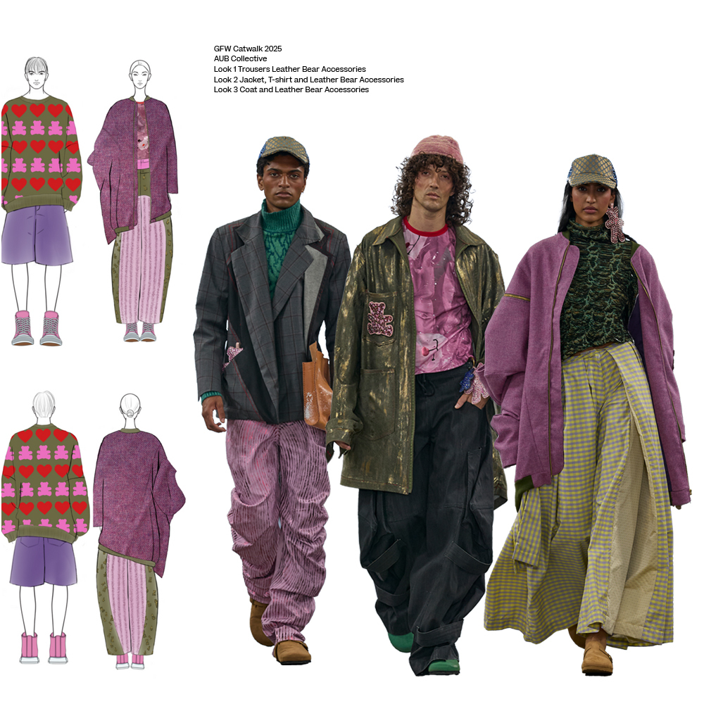 Fashion design sheet showing three models in layered outfits with purple, green, and pink tones, plus smaller technical sketches.