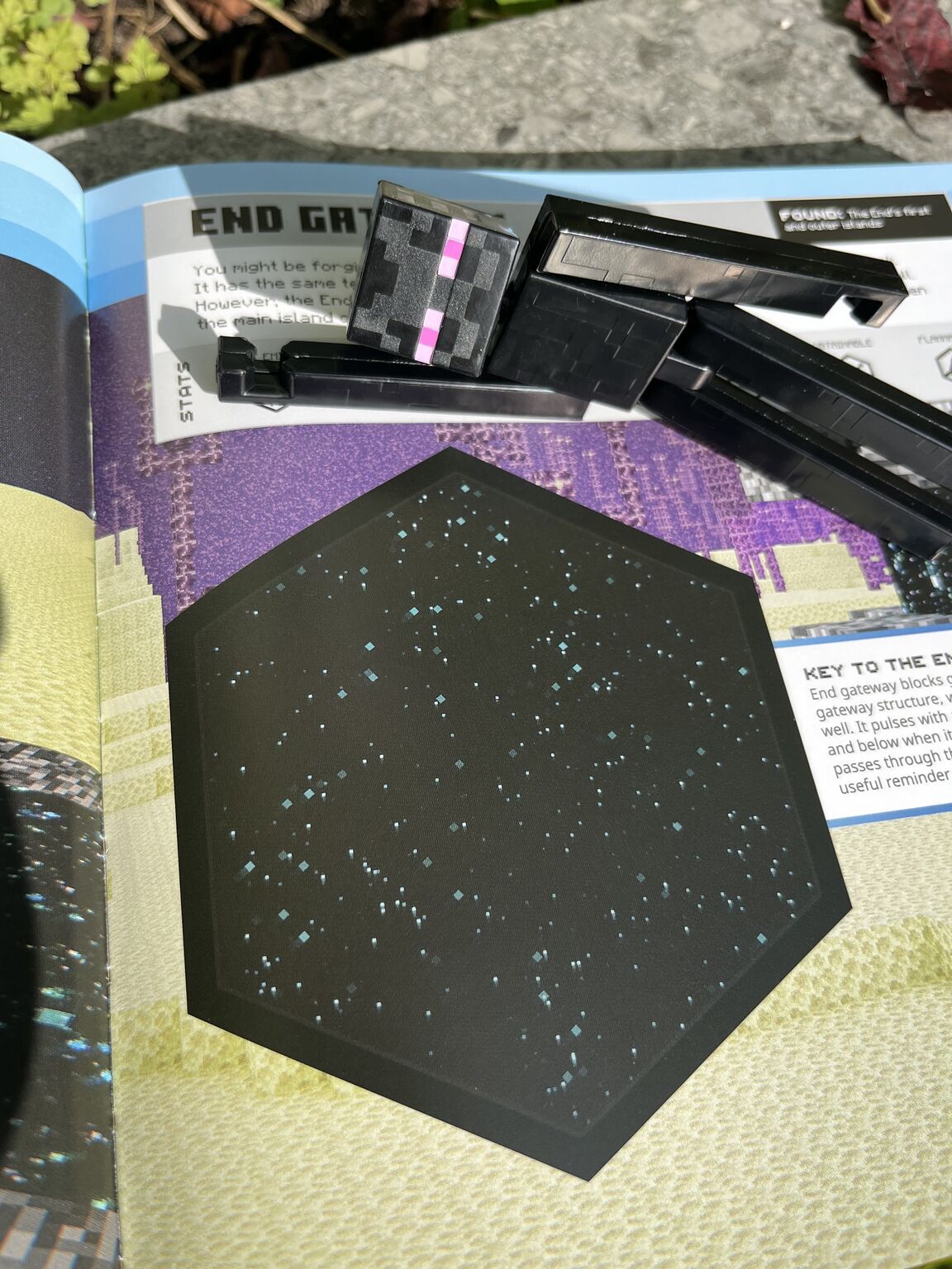 Black hexagonal shape with white dots scattered across surface, surrounded by colourful papers and black gaming accessories on table.