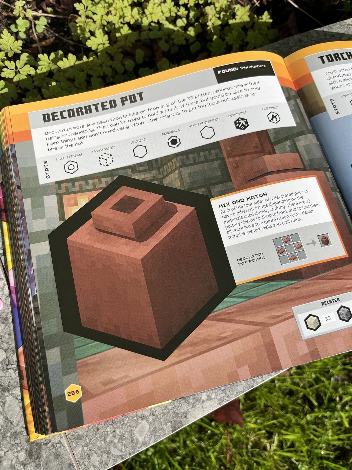 Open book showing pixelated brown pot illustration on green hexagonal base. White instruction panels above with icons and text.