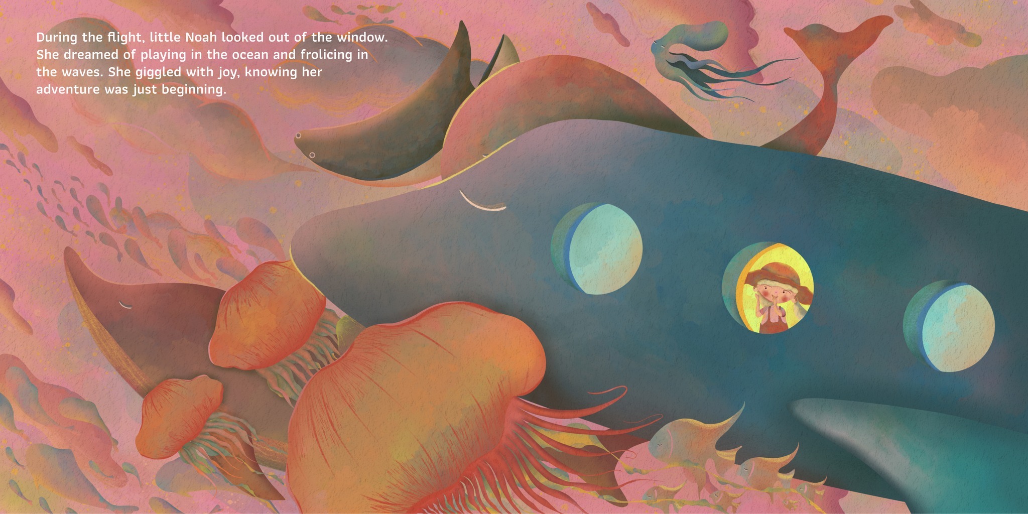 Illustration from a book of a plane going through the sky, but the sky is the sea and it's full of whales and jellyfish