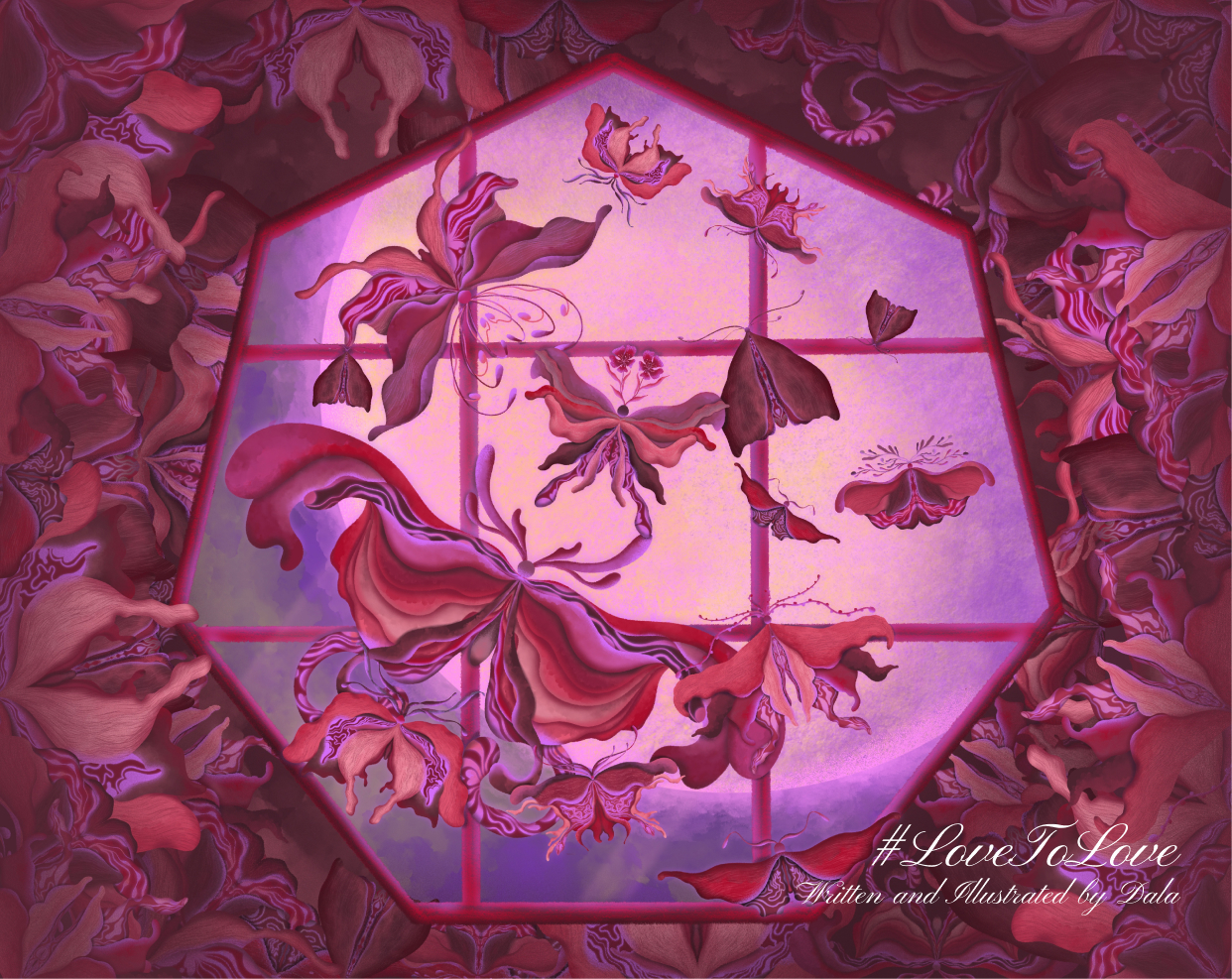Illustrated book cover of a large window covered with moths