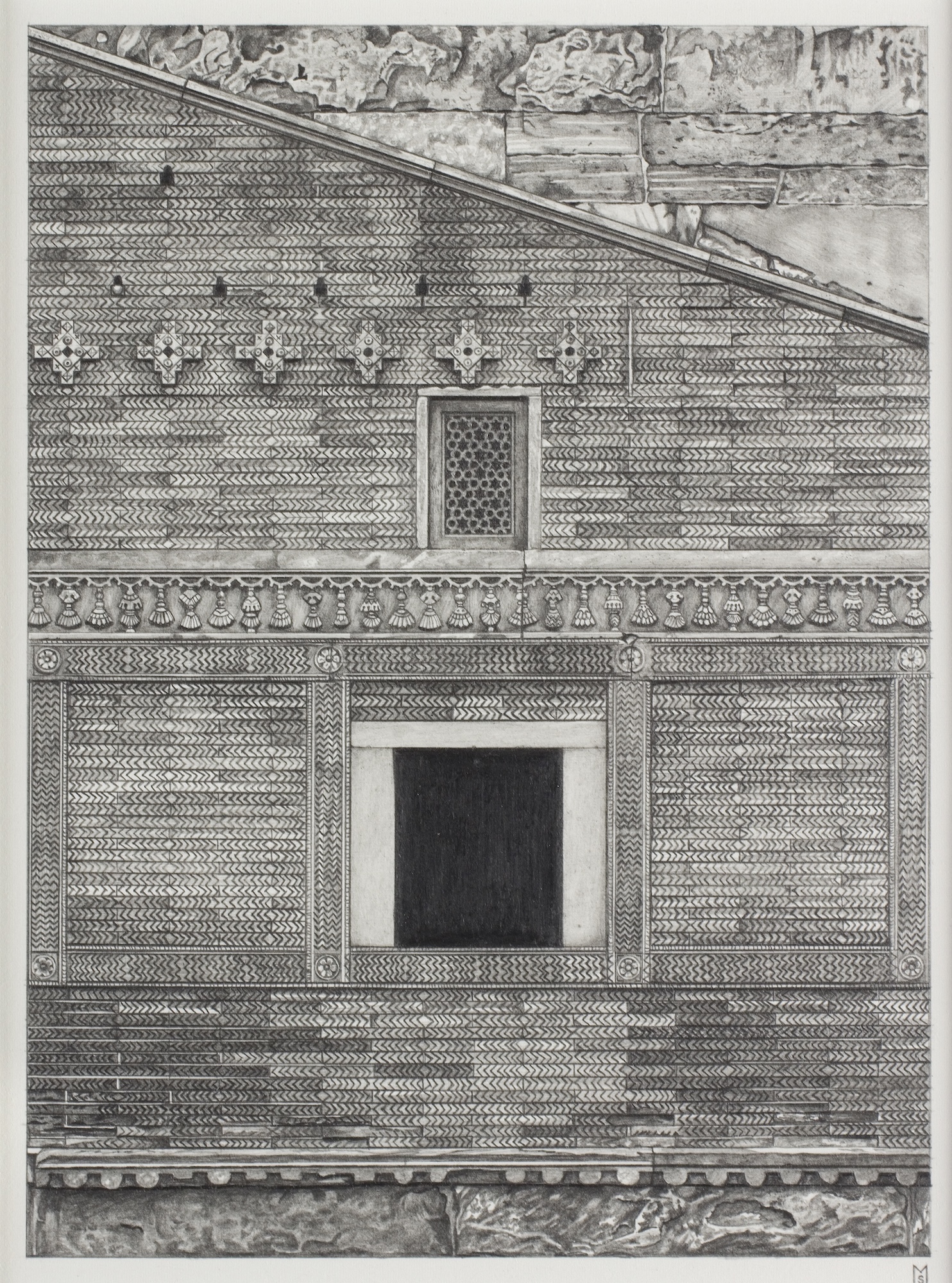 A detailed black-and-white drawing of a tiled building facade with a central window and geometric ornamentation beneath a sloping roofline.