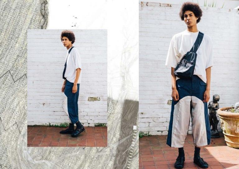 Two photos of a man wearing a white t-shirt standing in front of a white brick wall.