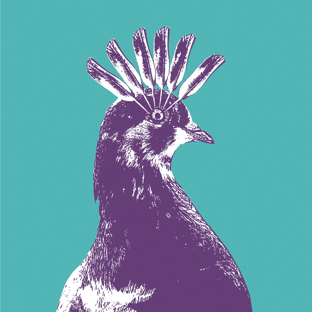 An illustration of a bird, specifically a chicken, in purple with a decorative feather crown on its head. The background is a solid teal colour, providing contrast to the design.