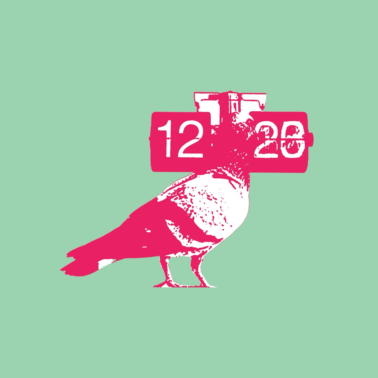 A pink stylised pigeon with a mechanical timer showing the time as 12:20 attached to its back. The background is a light green colour, contrasting with the vibrant design of the pigeon and timer.