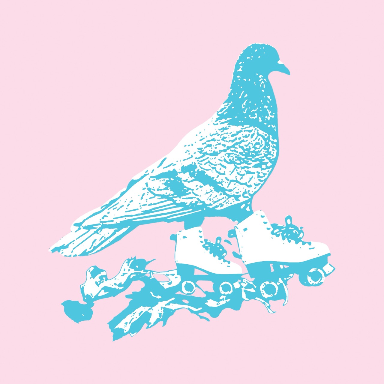 An illustration of a blue pigeon wearing white roller skates, standing on a green and blue branch. The background is a soft pink, providing contrast to the bird and skates.