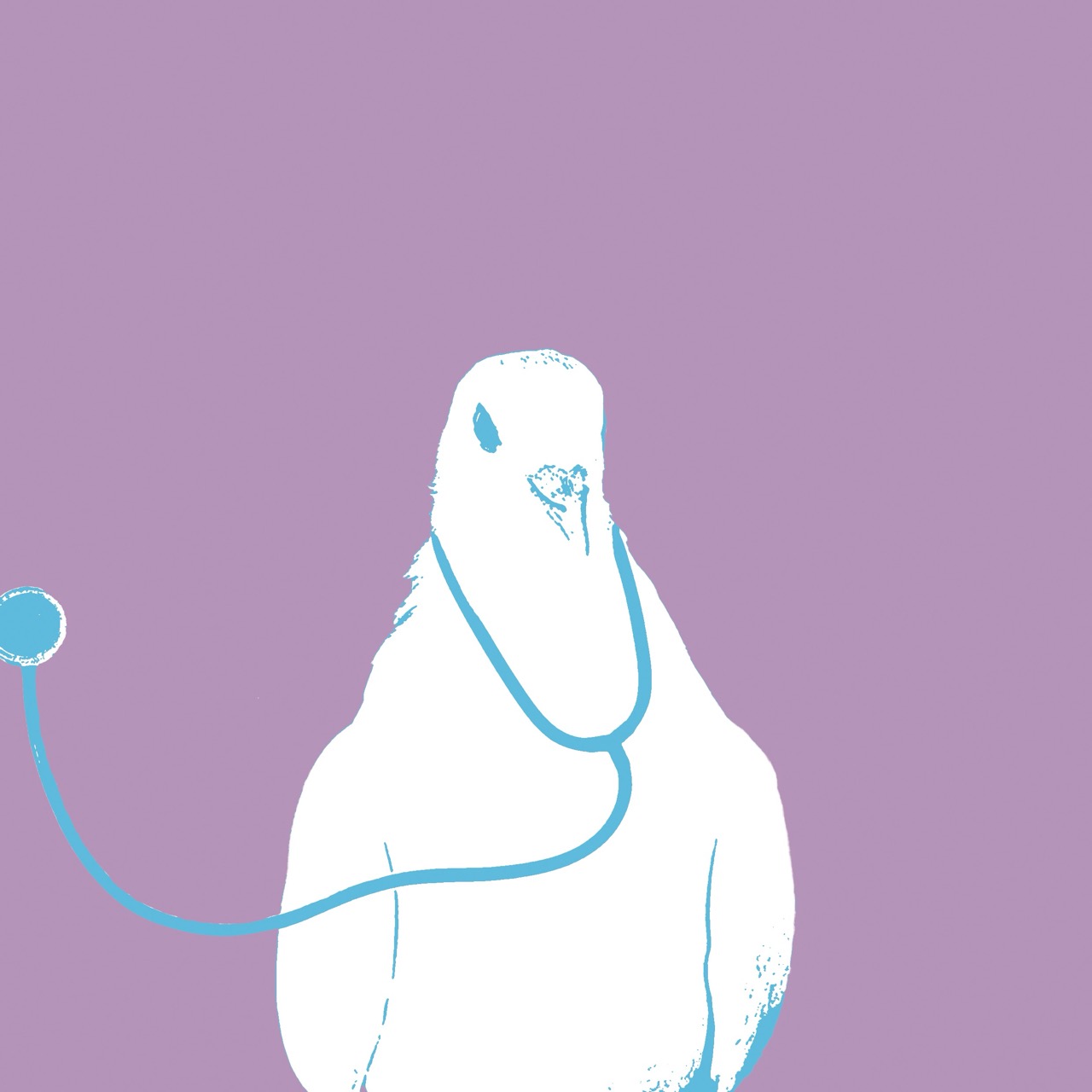 A stylised illustration of a white pigeon wearing a turquoise stethoscope against a purple background. The design highlights the pigeon with minimal detail, focusing on the stethoscope's placement around its neck.