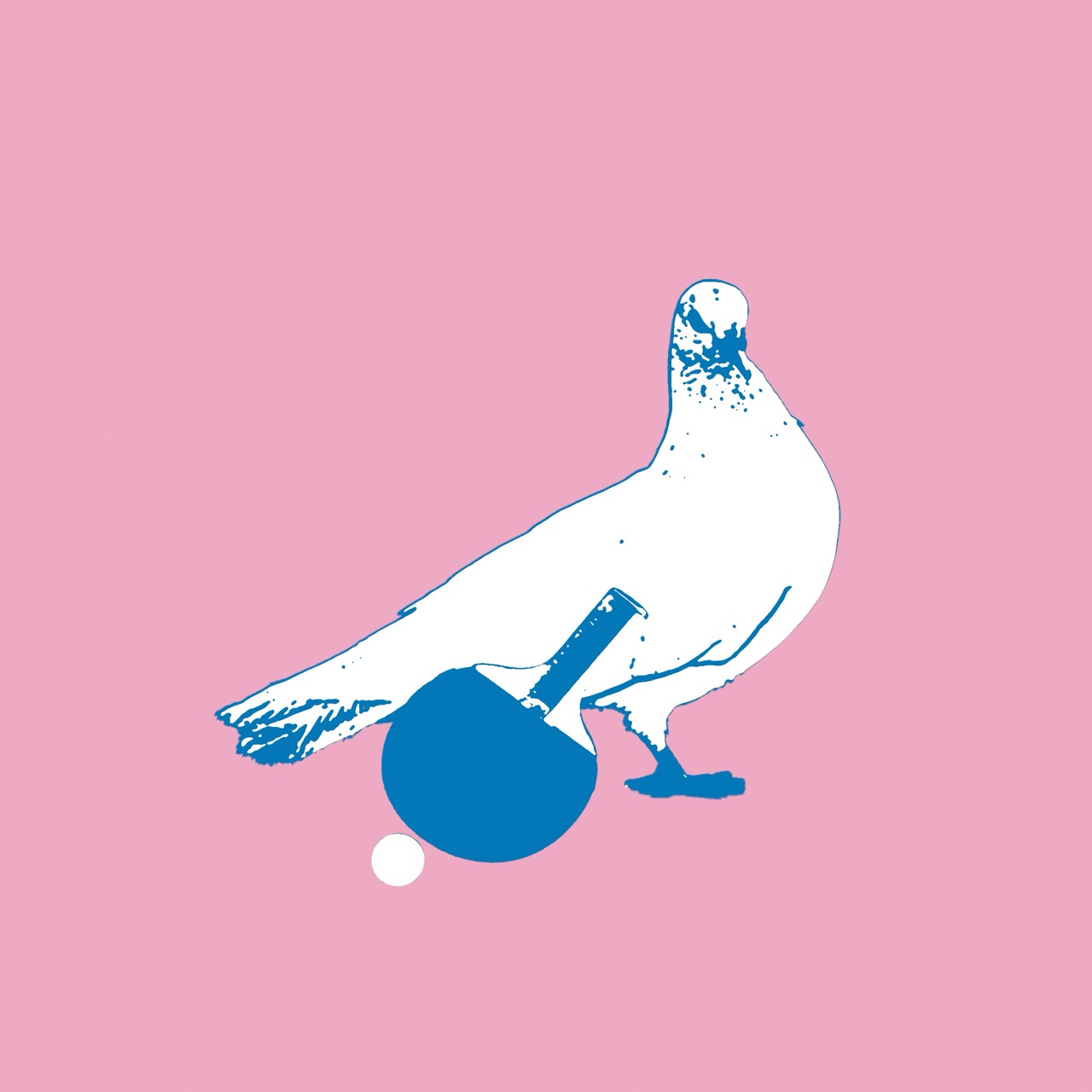 A stylised blue illustration of a bird standing on a blue table tennis paddle, with a white ping pong ball beside it, set against a pink background.