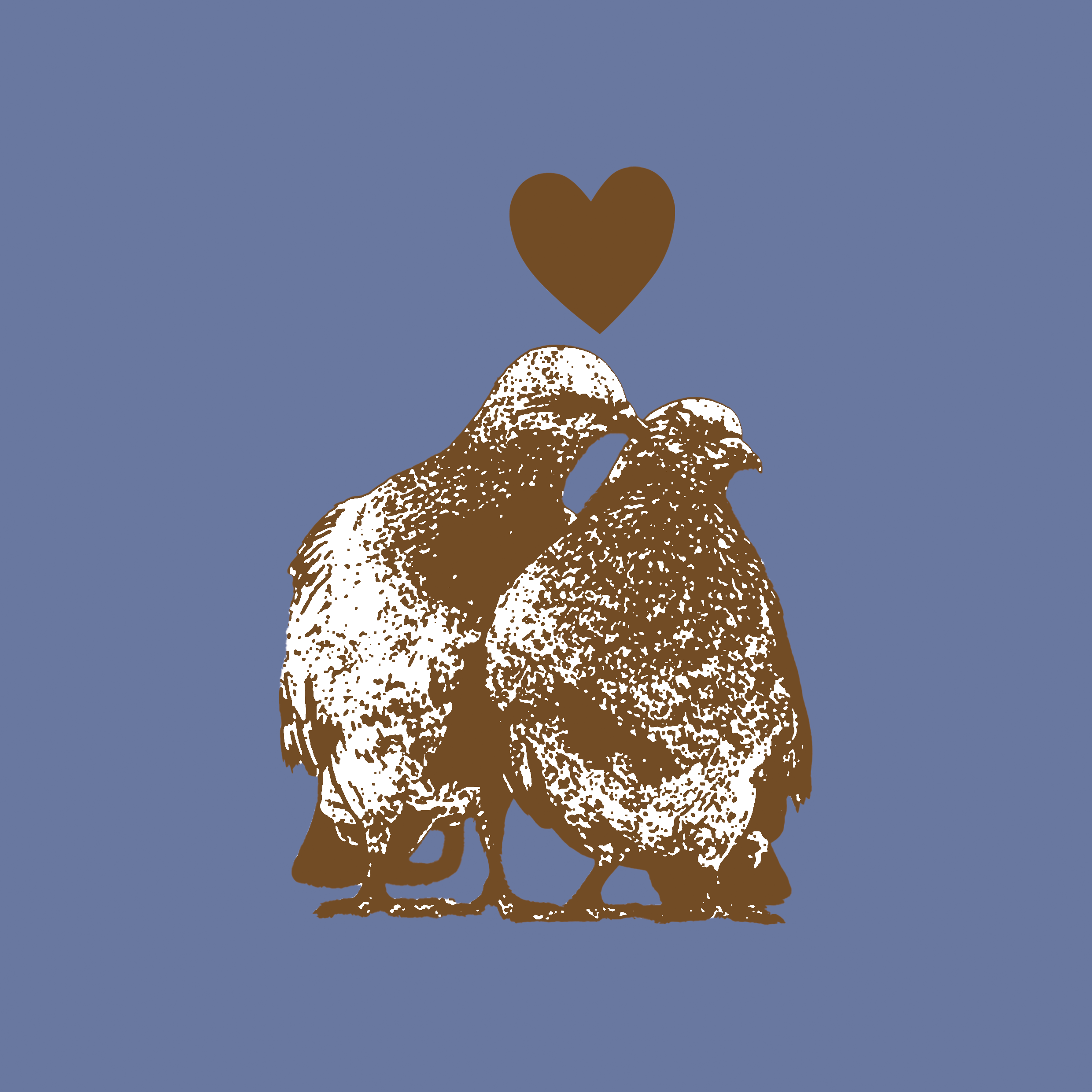 A graphic illustration of two birds standing close together, depicted in brown against a blue background. Above them is a heart shape, also in brown.