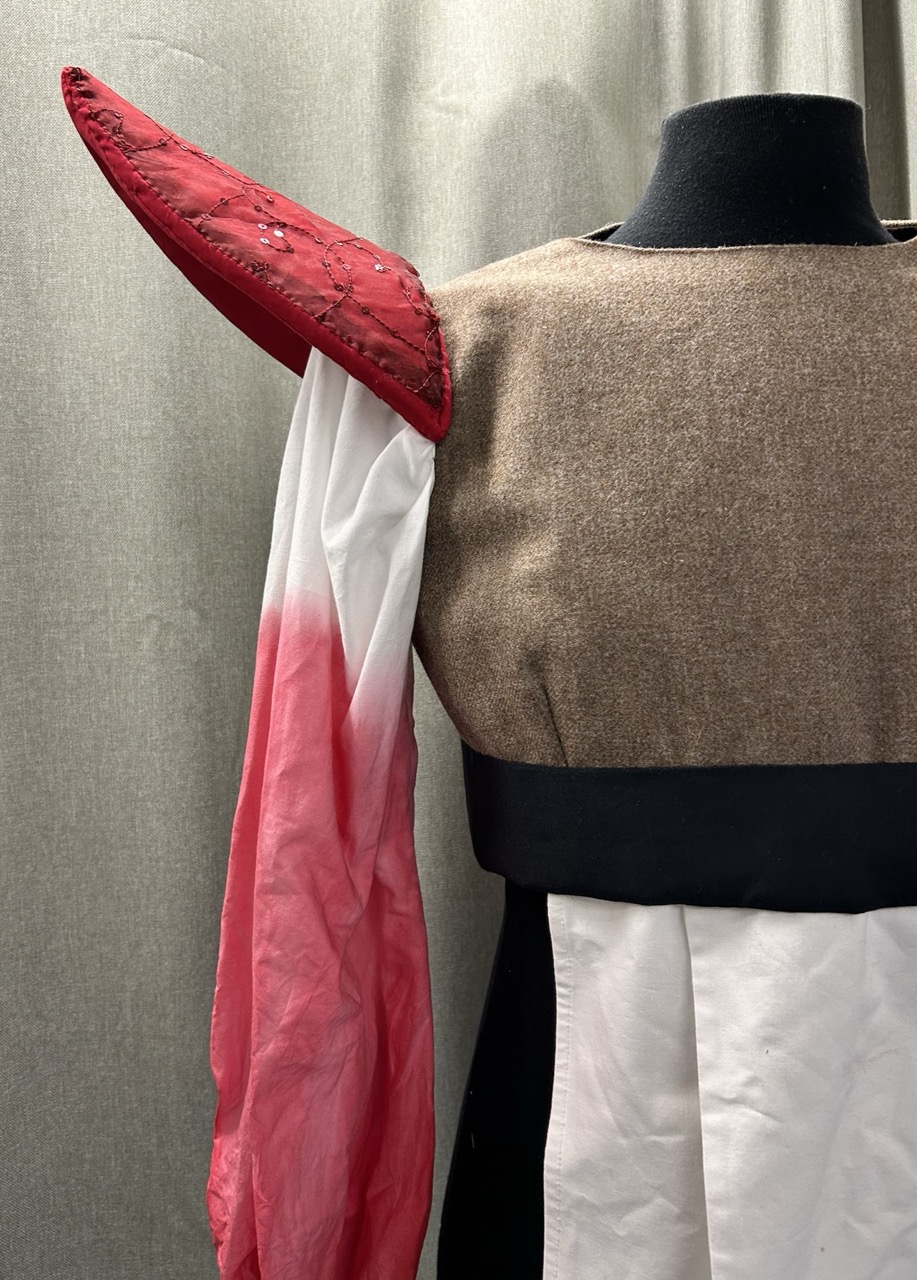 A close-up of a costume featuring a brown bodice with an asymmetrical design. The garment has a white sleeve that transitions to red at the wrist, and a large red decorative shoulder piece. The background appears to be a fabric curtain.
