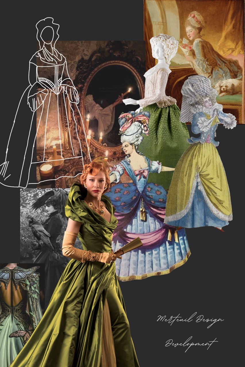 Colourful collage featuring historical fashion illustration and a woman wearing an elegant green dress.