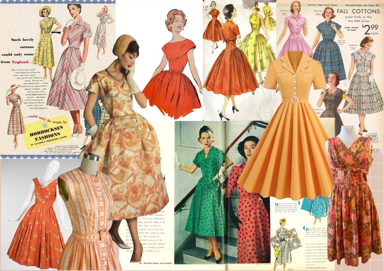 Vintage mood board of fashion advertisements featuring colourful dresses and outfits. Variety of vibrant patterns, silhouettes, and styles across the image.