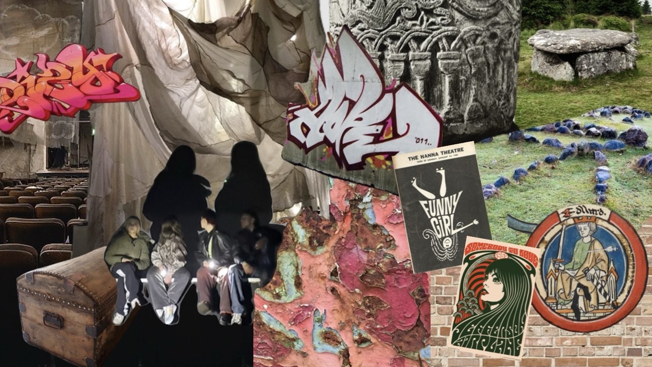 Digital collage with pink flowers, ornate architecture, black silhouettes, comic-style illustrations, and circular emblems on varied backgrounds.