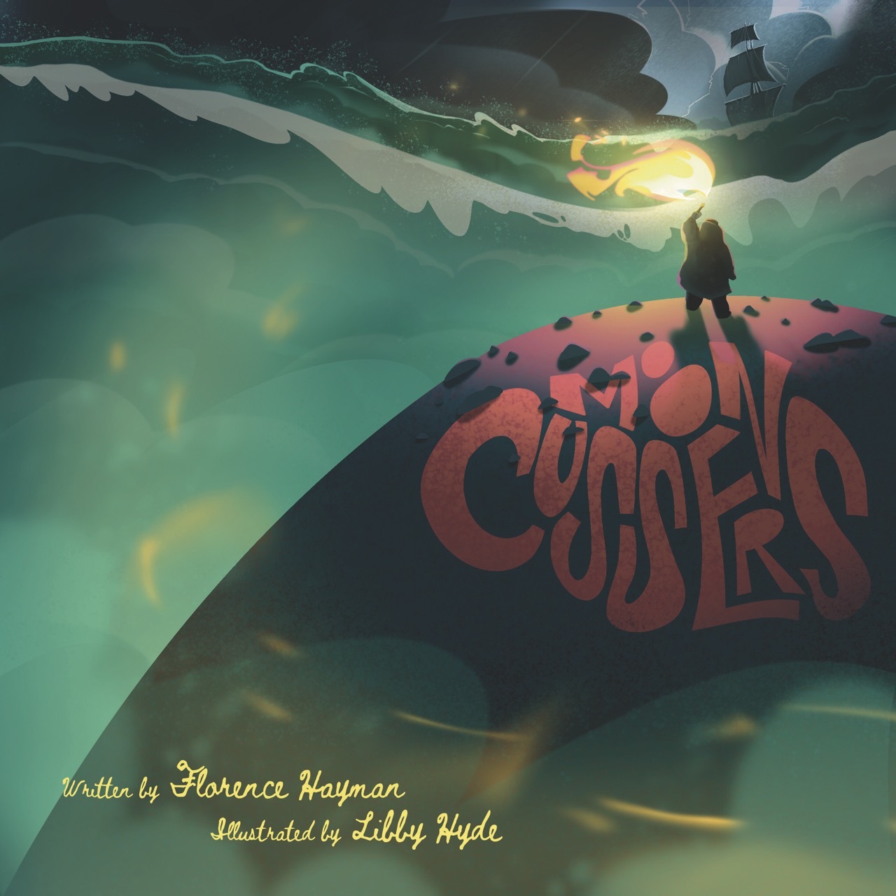 Digital illustration showing silhouetted figure on red dome with "MOONCUSSERS" text, beneath green sky with yellow light and grey clouds.