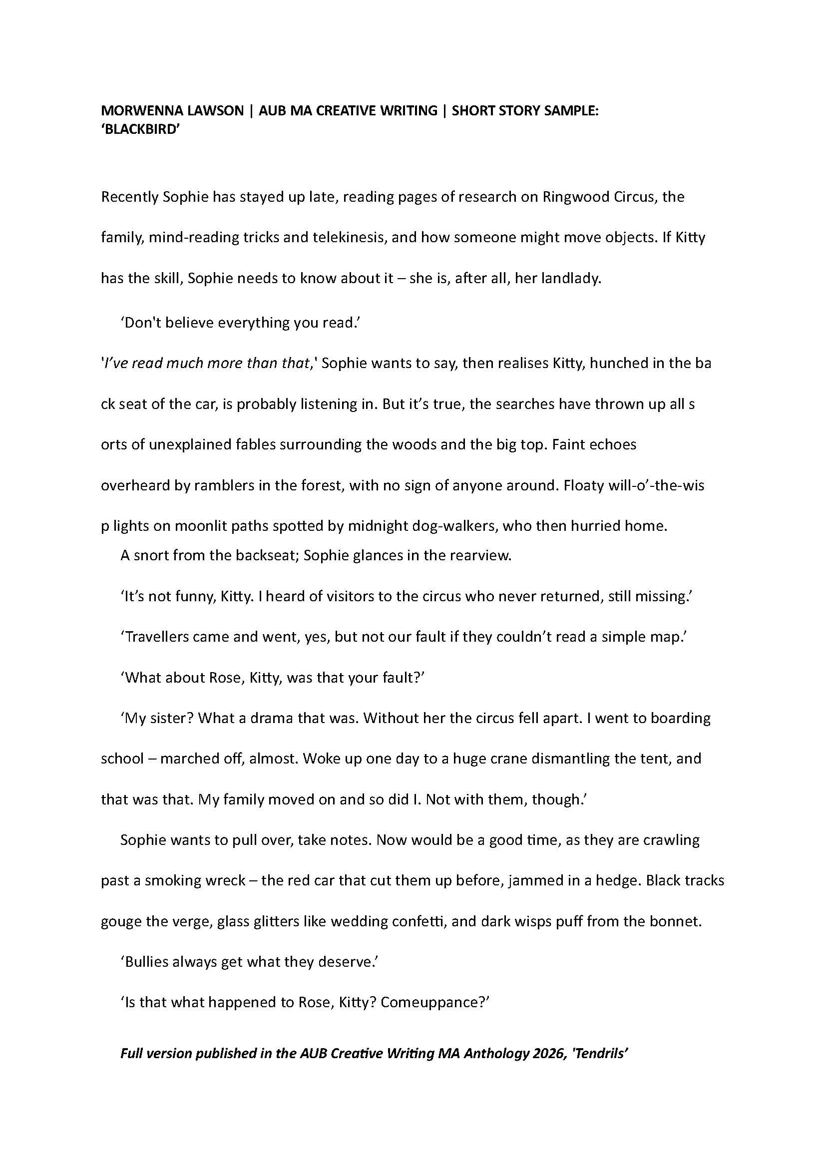 A printed short story sample page titled ‘Blackbird’ by Morwenna Lawson, with several paragraphs of text on a white background.