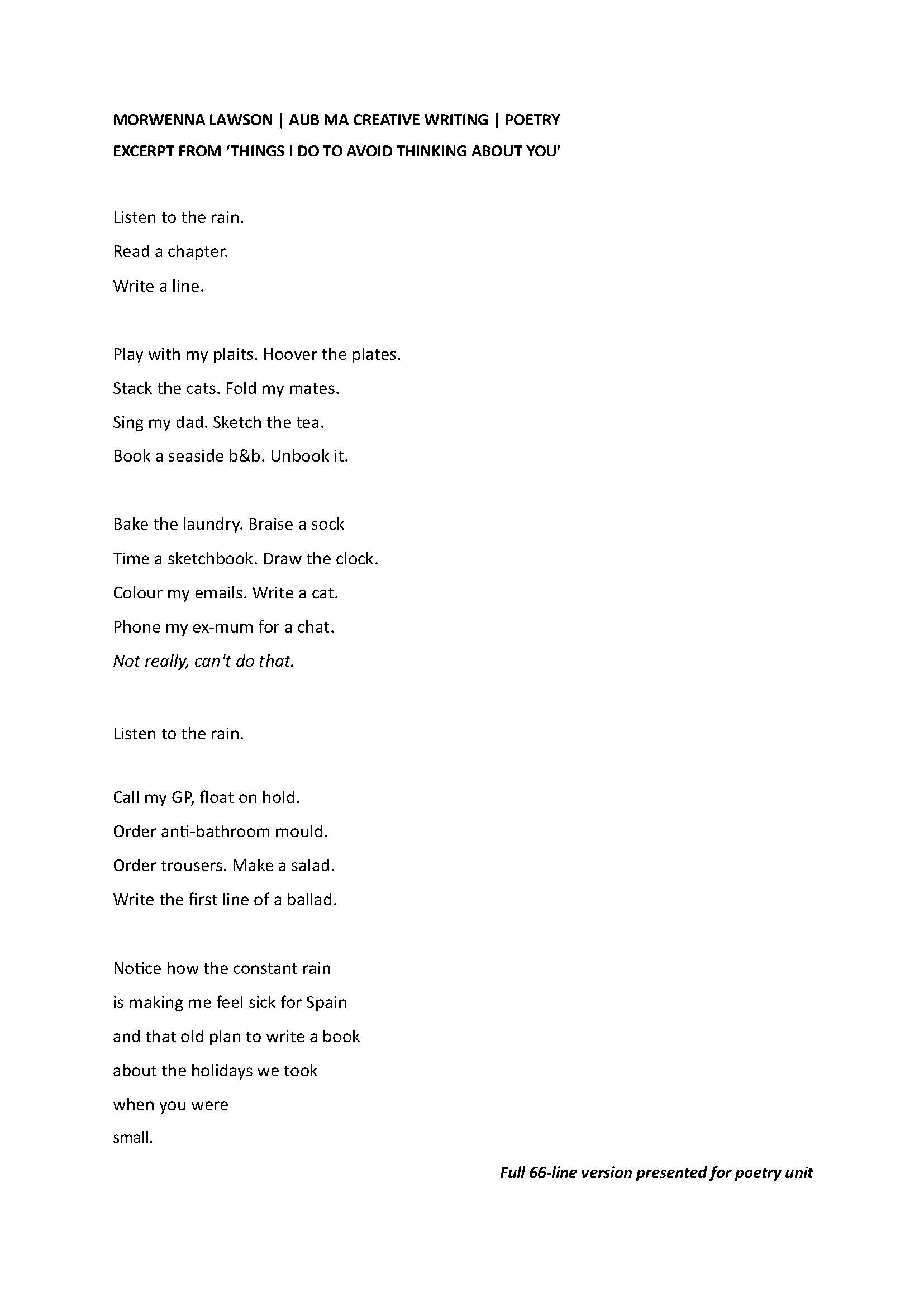 A poetry page headed ‘Morwenna Lawson | AUB MA Creative Writing | Poetry’, with the excerpt arranged as short stanzas on a white background.