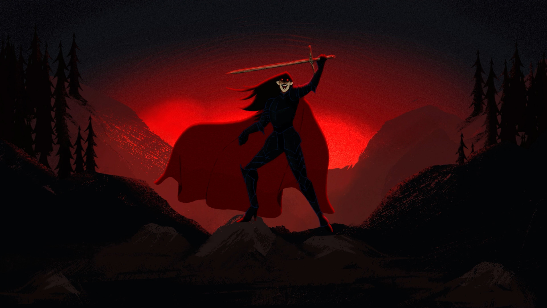 Animation still of a warrior character posed for battle against a red sky.