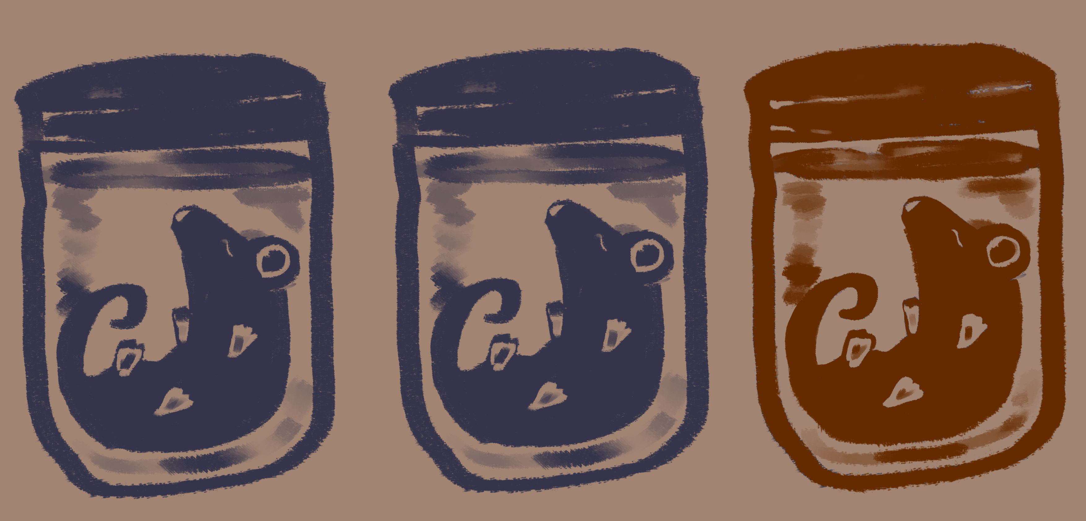 Artwork of three mice in jars of water